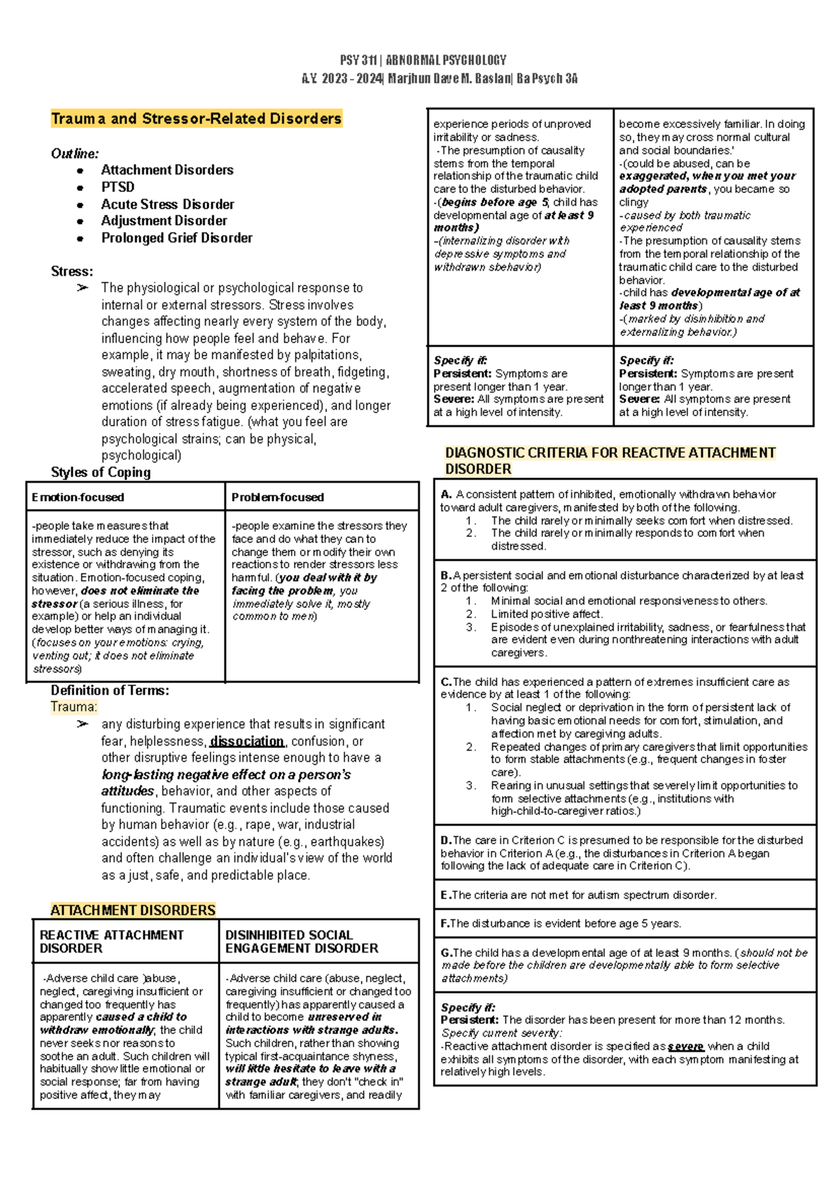 PSY 311 TRAUMA AND STRESS DISORDERS OUTLINE A.Y. 2023 - Studocu