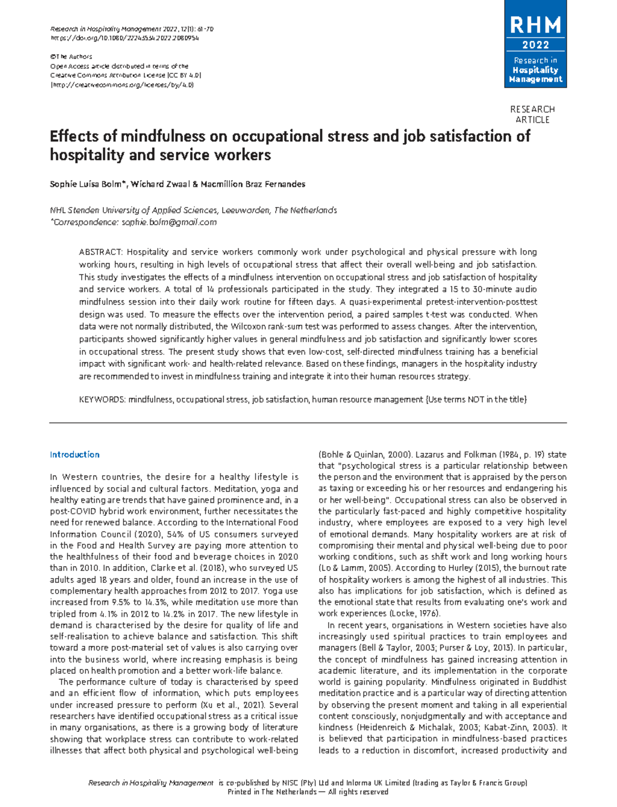 Effects of Mindfulness on Occupational Stress & Job Satisfaction in RHM ...