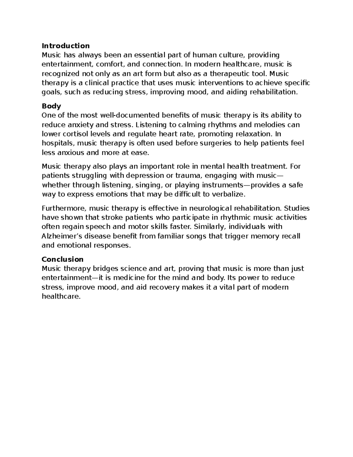 Reflection 1: The Impact of Music Therapy on Stress Reduction and ...