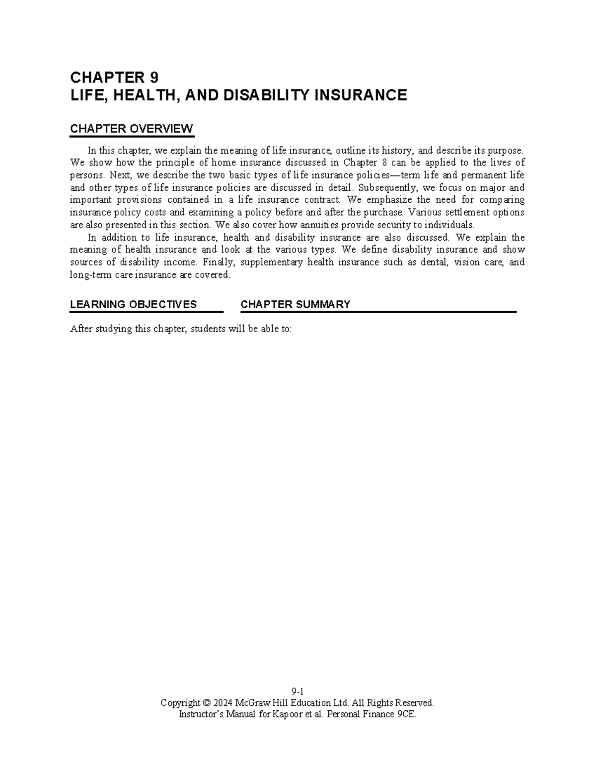 Kapoor 9CE: Chapter 9 - Life, Health, and Disability Insurance Overview ...
