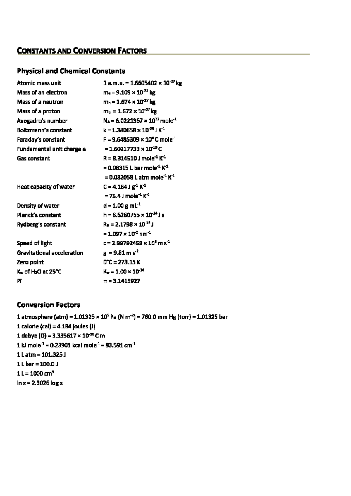 Conversion factors - CONSTANTS AND CONVERSION FACTORS Physical and ...