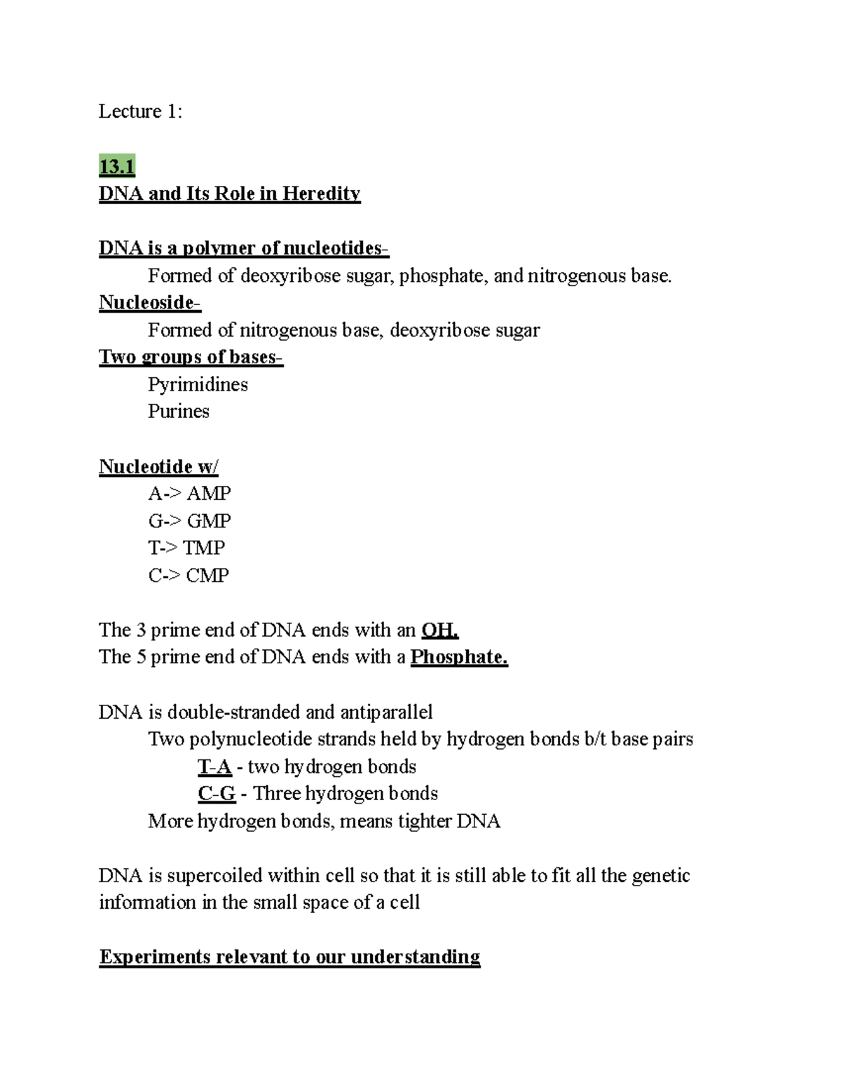 BIO 2 UNIT 1 - Unit 13 Lecture Notes on DNA Structure and Function ...
