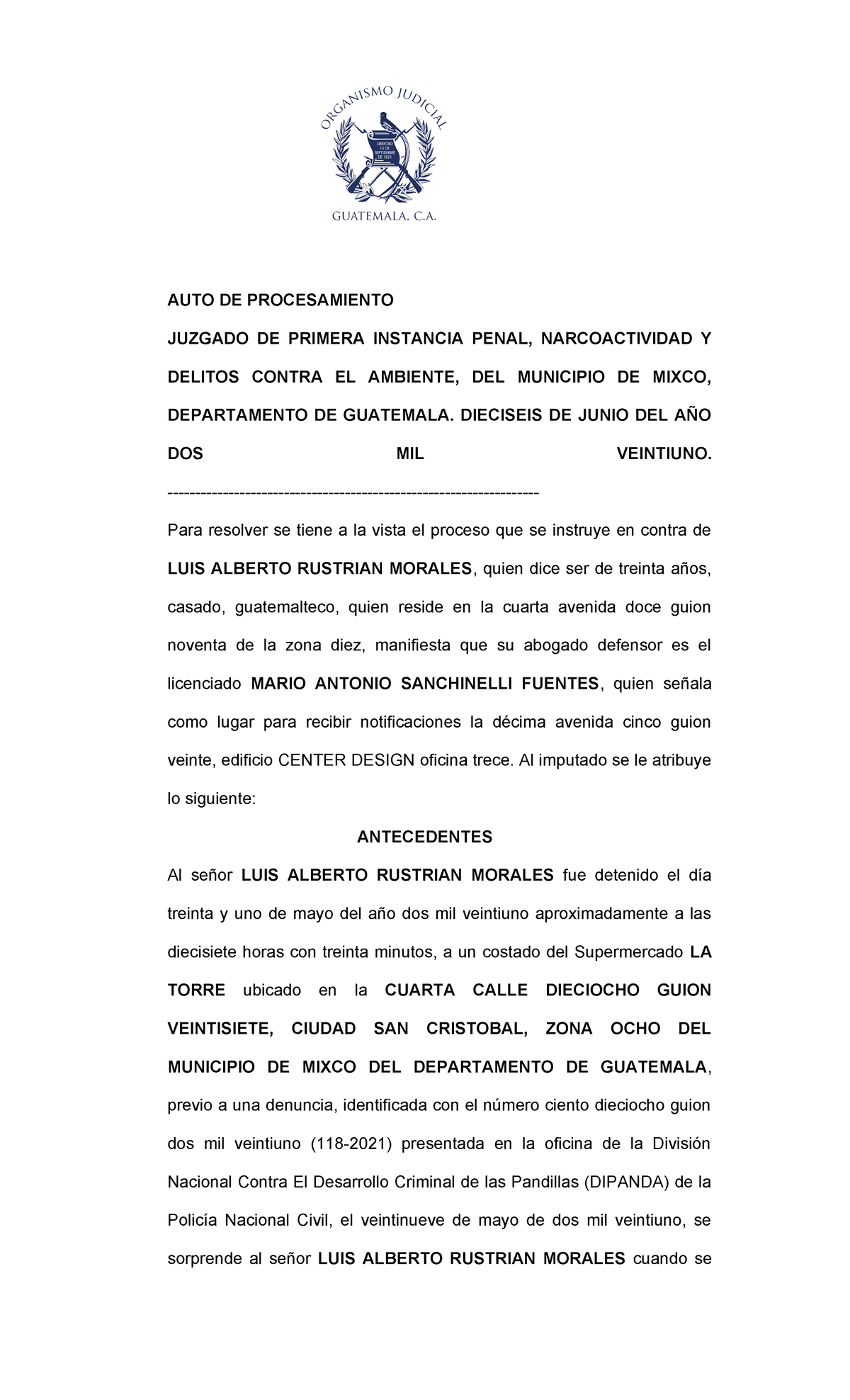 AUTO DE PROCESAMIENTO N° 118-2021 - JUZGADO MIXCO - Document Preview