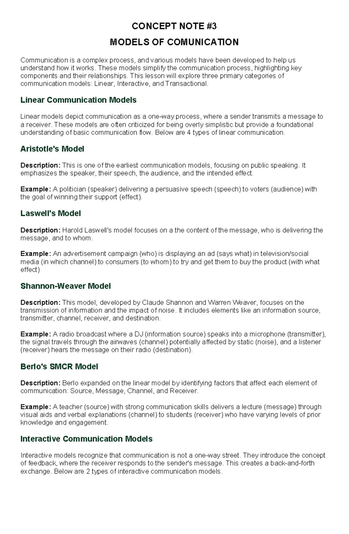 CN 3 - Lesson Notes on Communication Models - Studocu