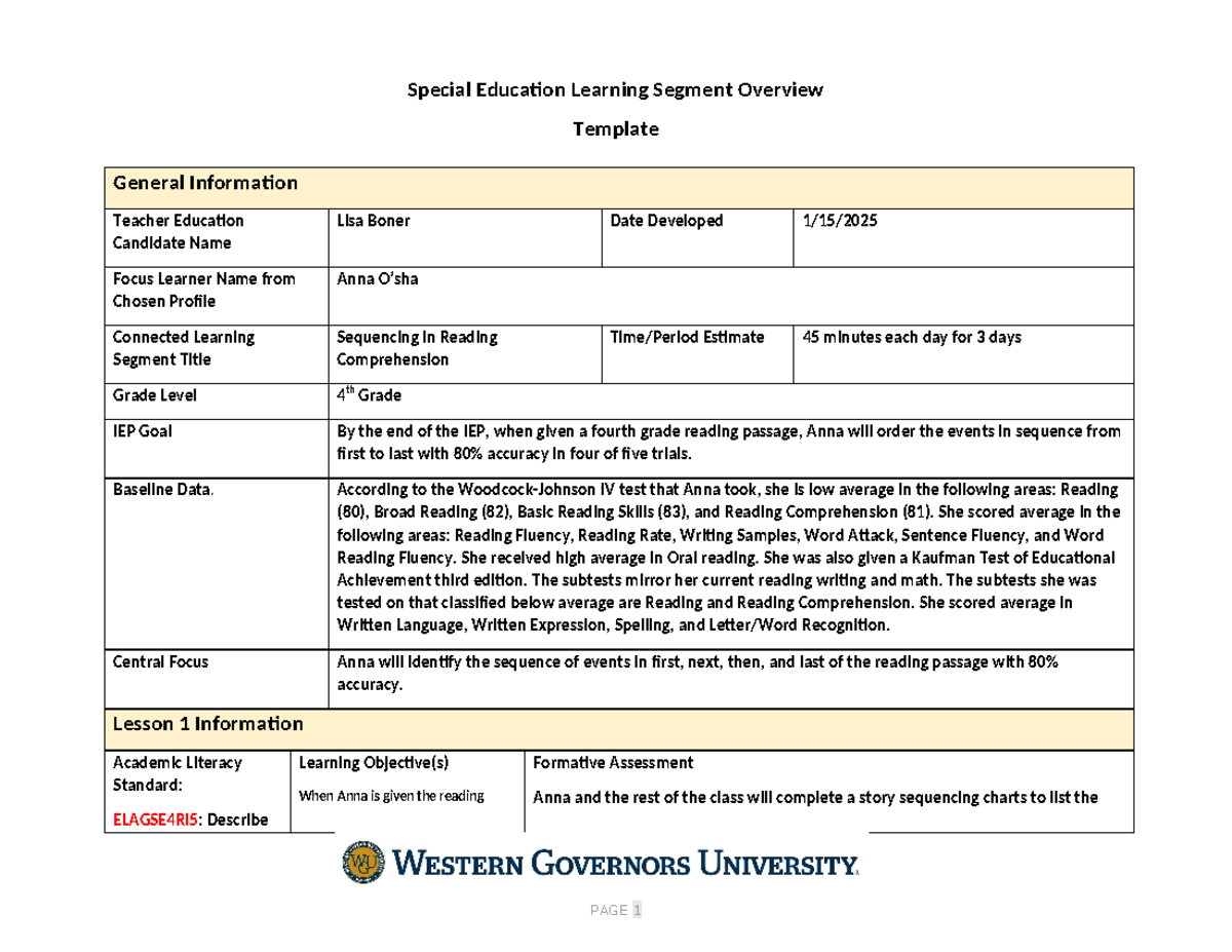 D006 task 2 - Passed - Special Education Learning Segment Overview ...