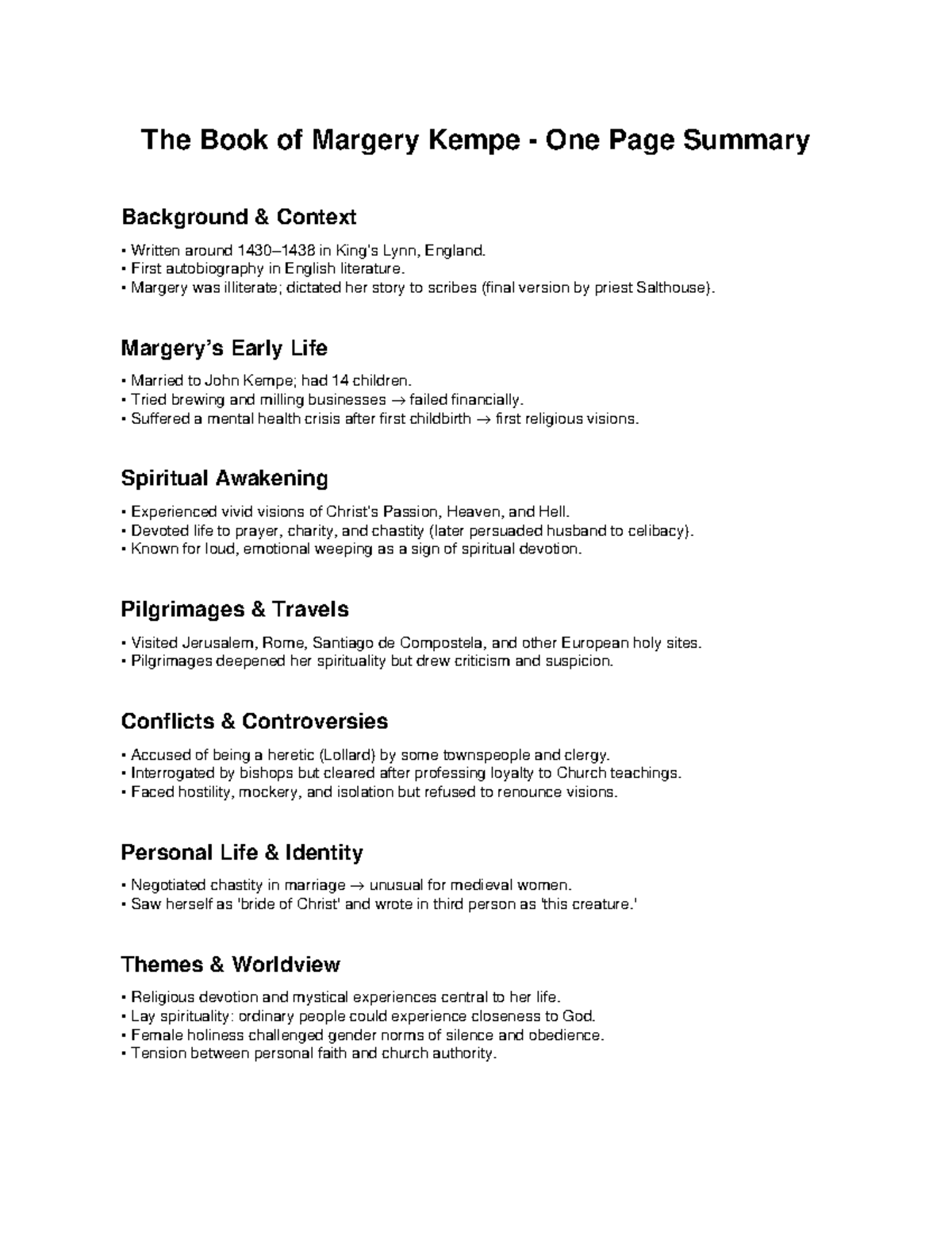 ENG 101 The Book of Margery Kempe One Page Summary