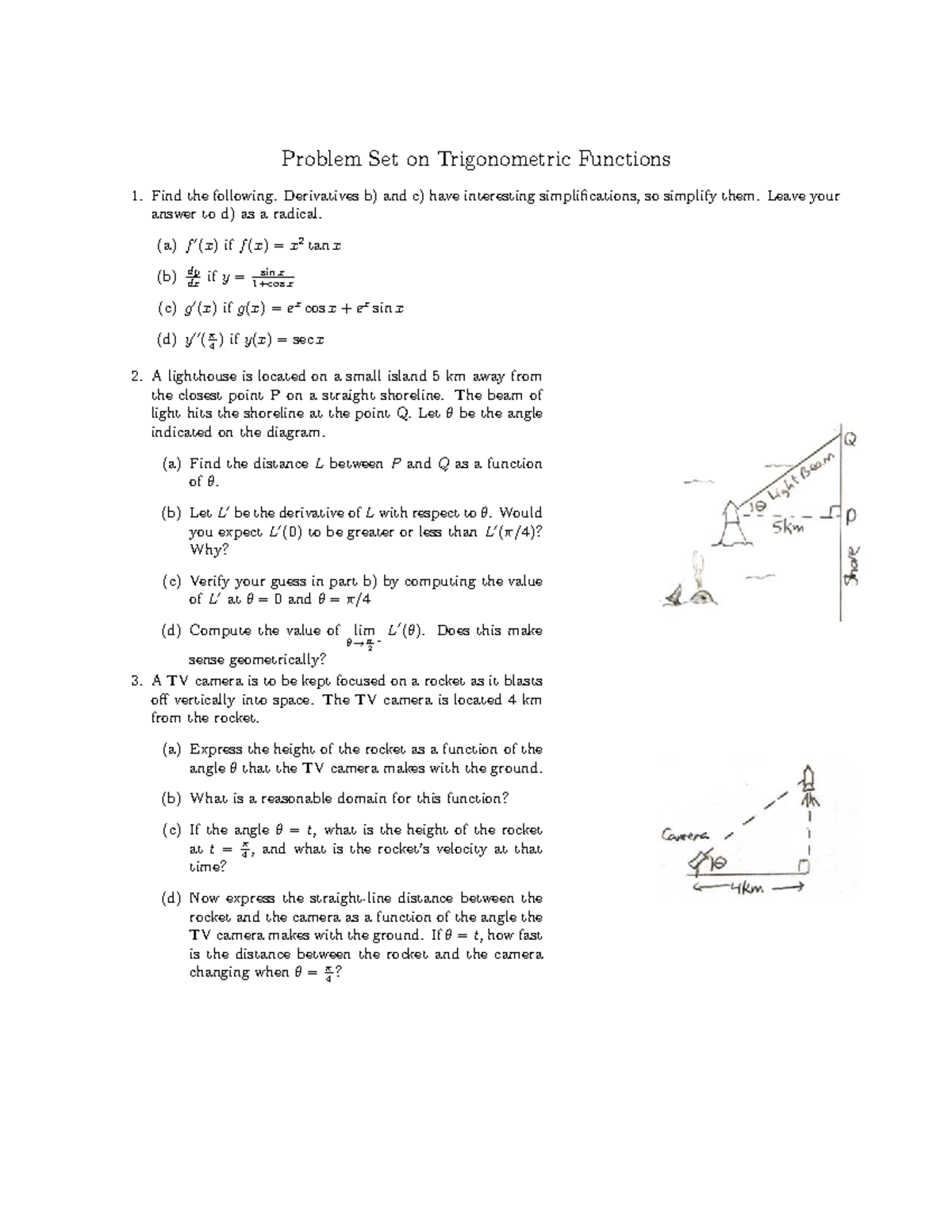 Trigonometric Functions Problem Set: Derivatives & Applications - Studocu