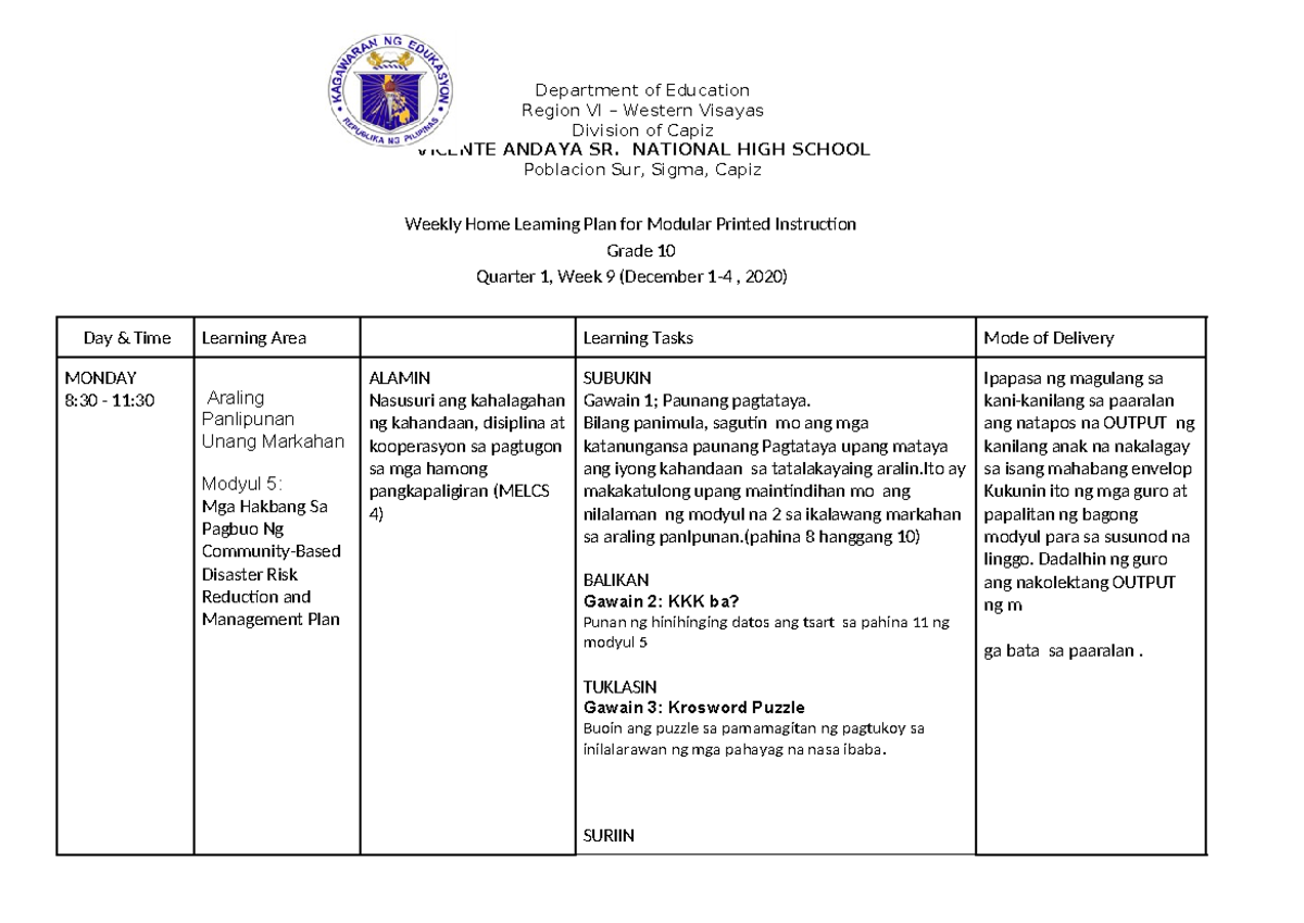 December 1-4, 2020 - leson - Weekly Home Learning Plan for Modular ...