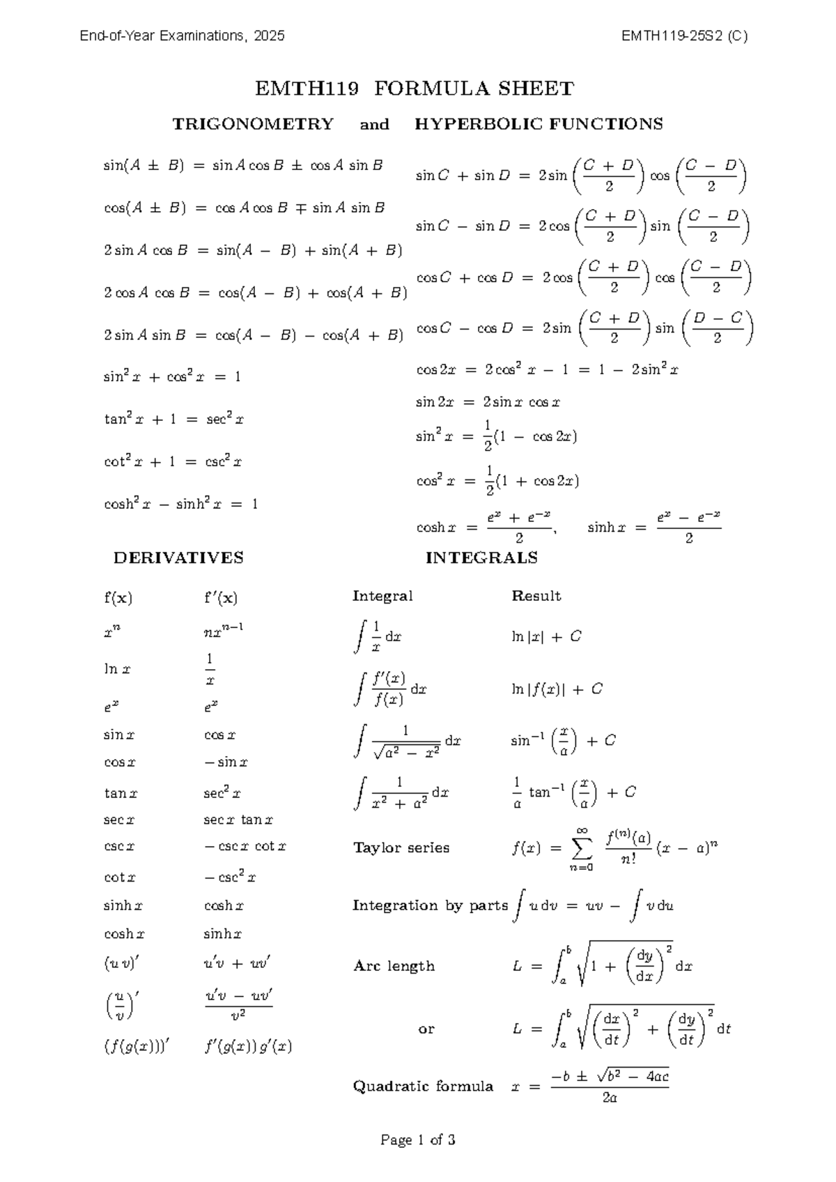 EMTH119-25S2 End-of-Year Exam Formula Sheet: Trigonometry & Probability ...
