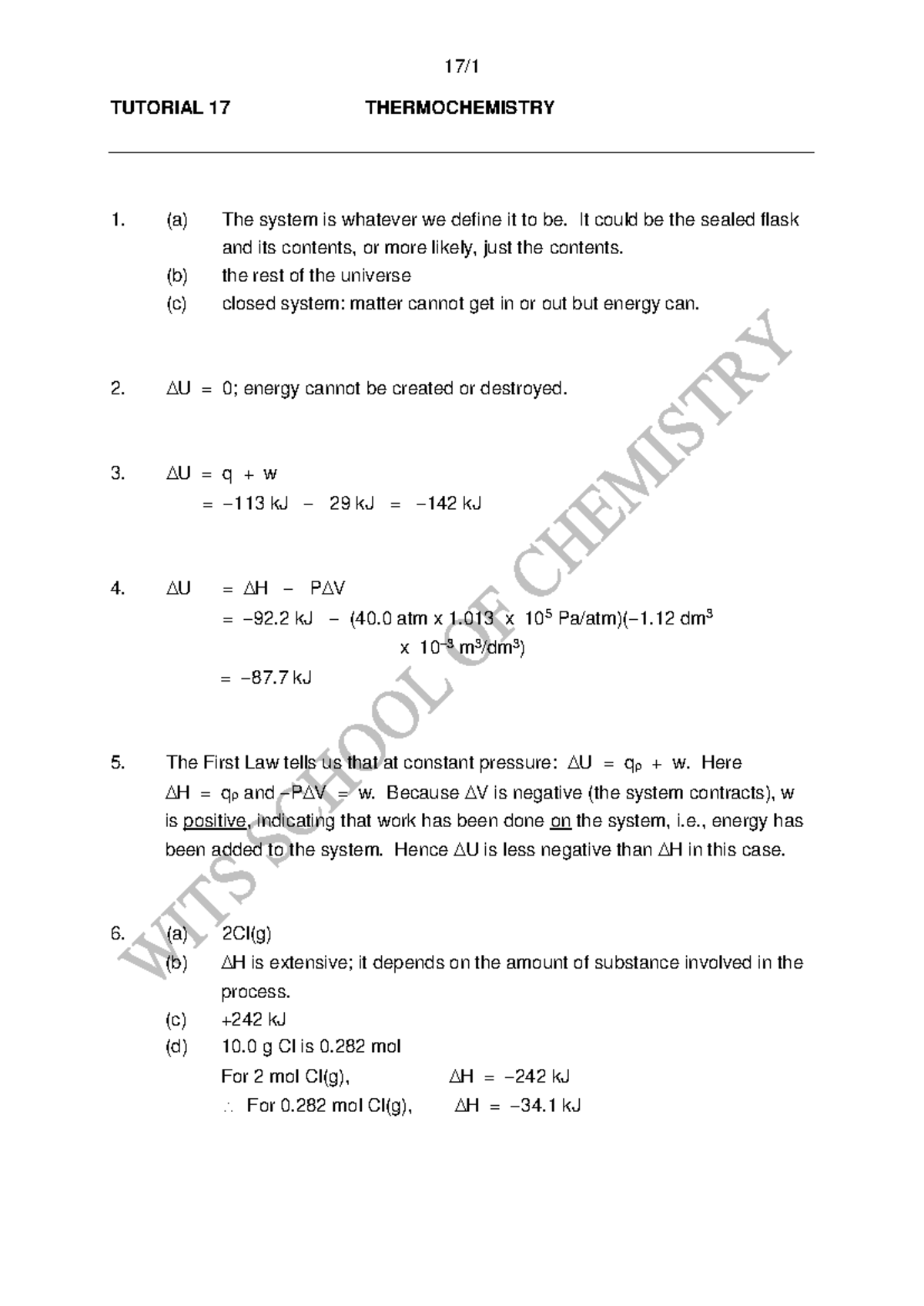 TUT17Soln - tut work - 17 / 1 TUTORIAL 17 THERMOCHEMISTRY (a) The ...