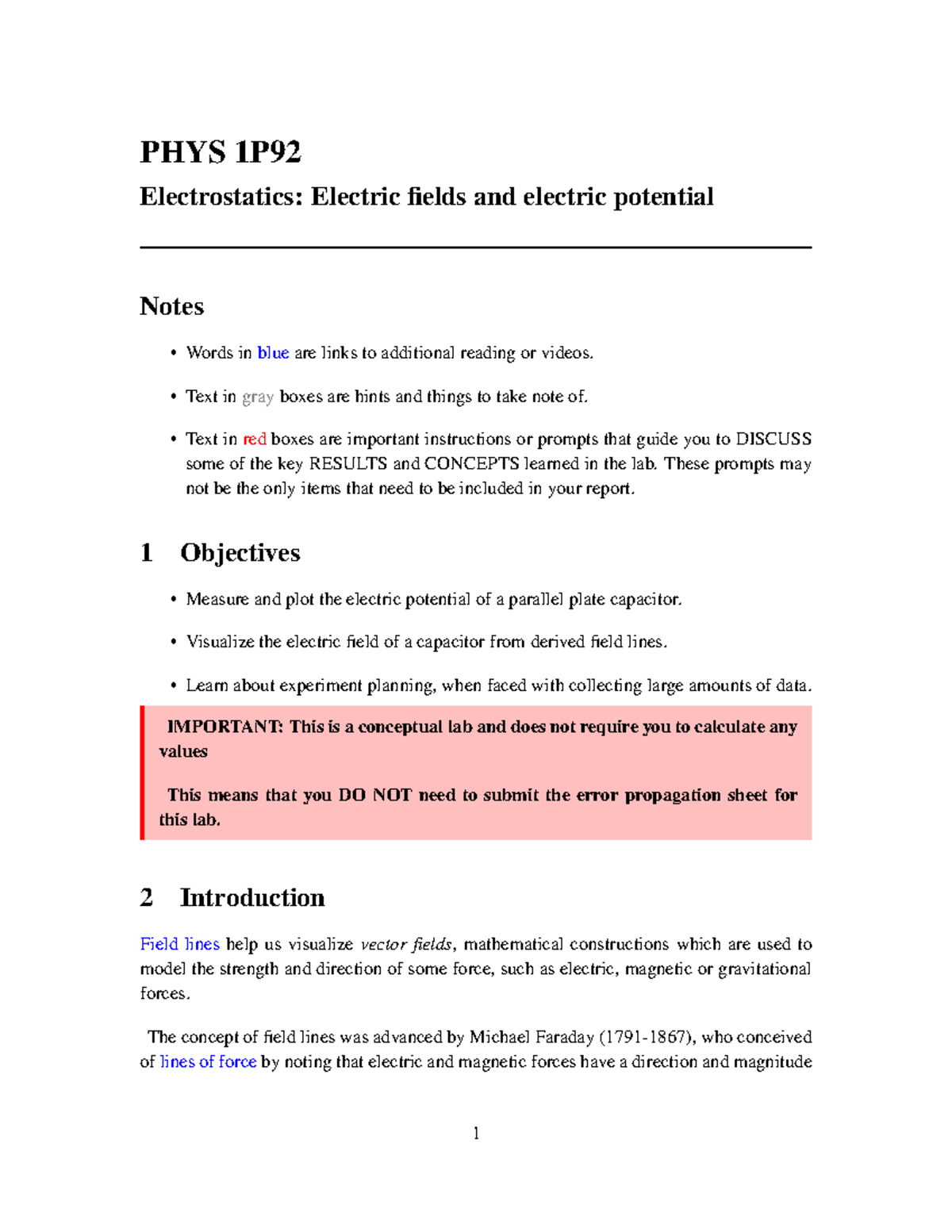 PHYS1P92 - Electrostatics Lab: Electric Fields & Potential Notes - Studocu
