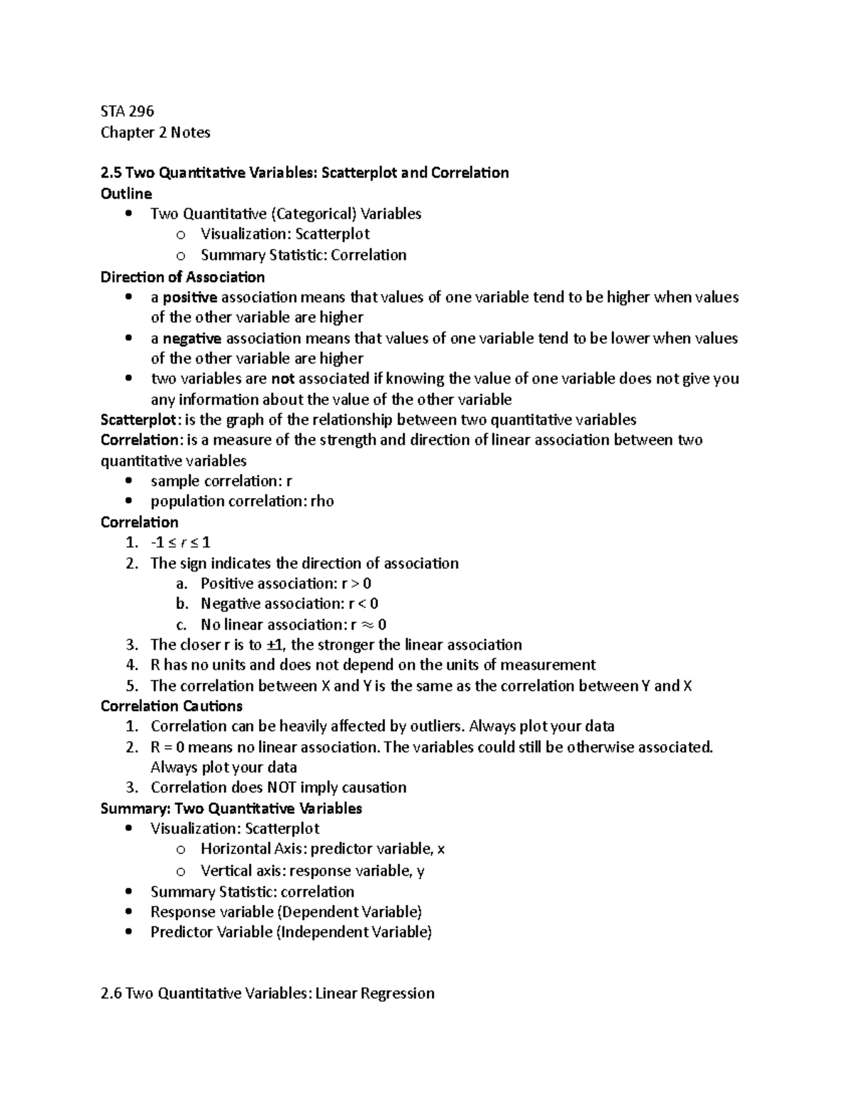 STA 296 Chapter 2 Notes: Scatterplots and Correlation Analysis - Studocu