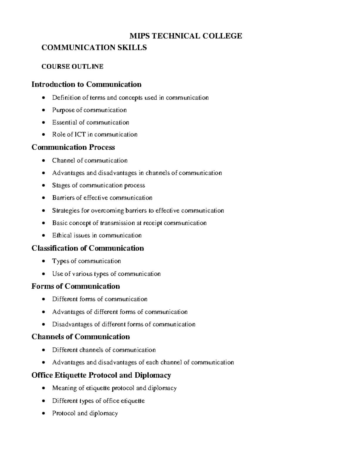 MIPS 101: Communication Skills Course Outline and Key Concepts - Studocu
