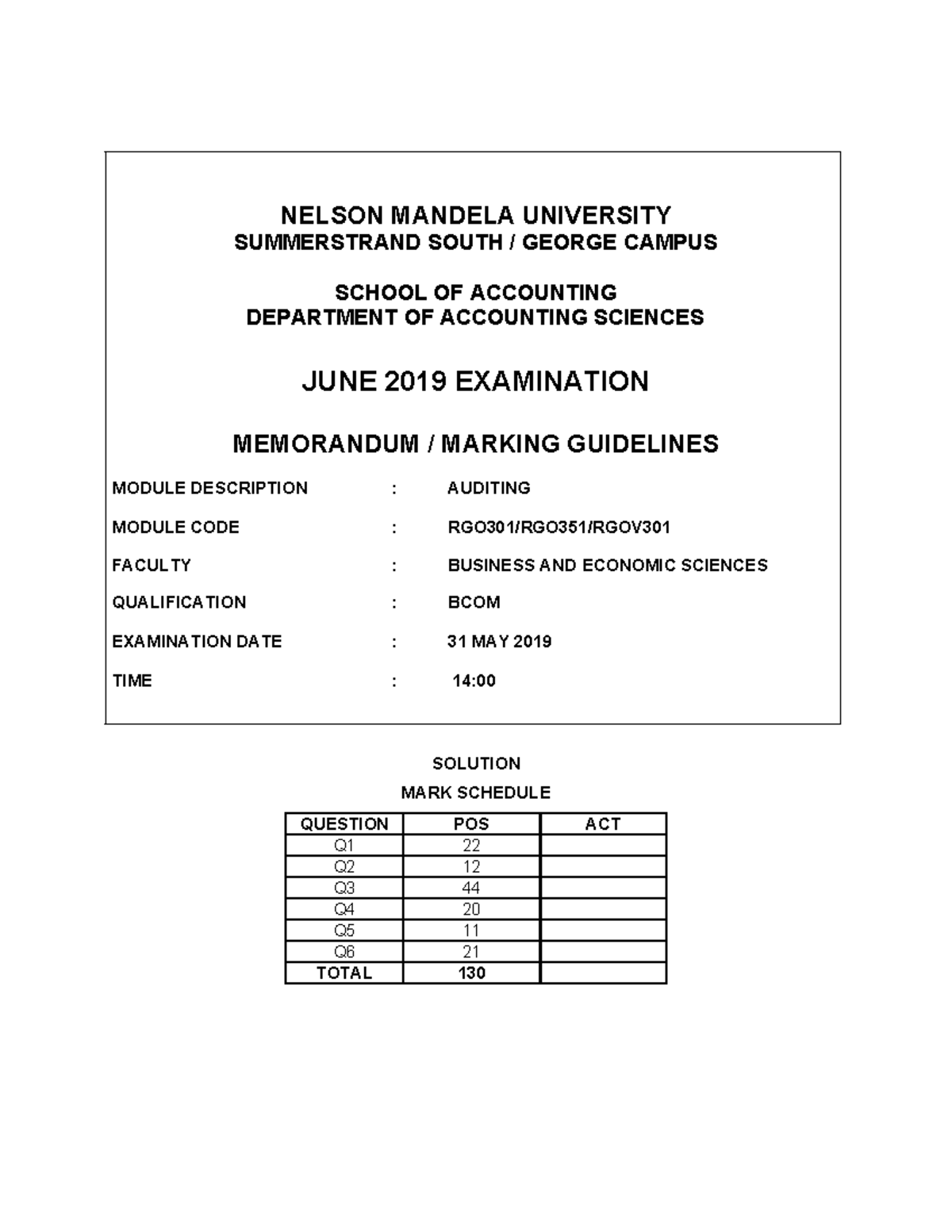 2019 RGOV301 Auditing Exam Solutions and Marking Guidelines - Studocu
