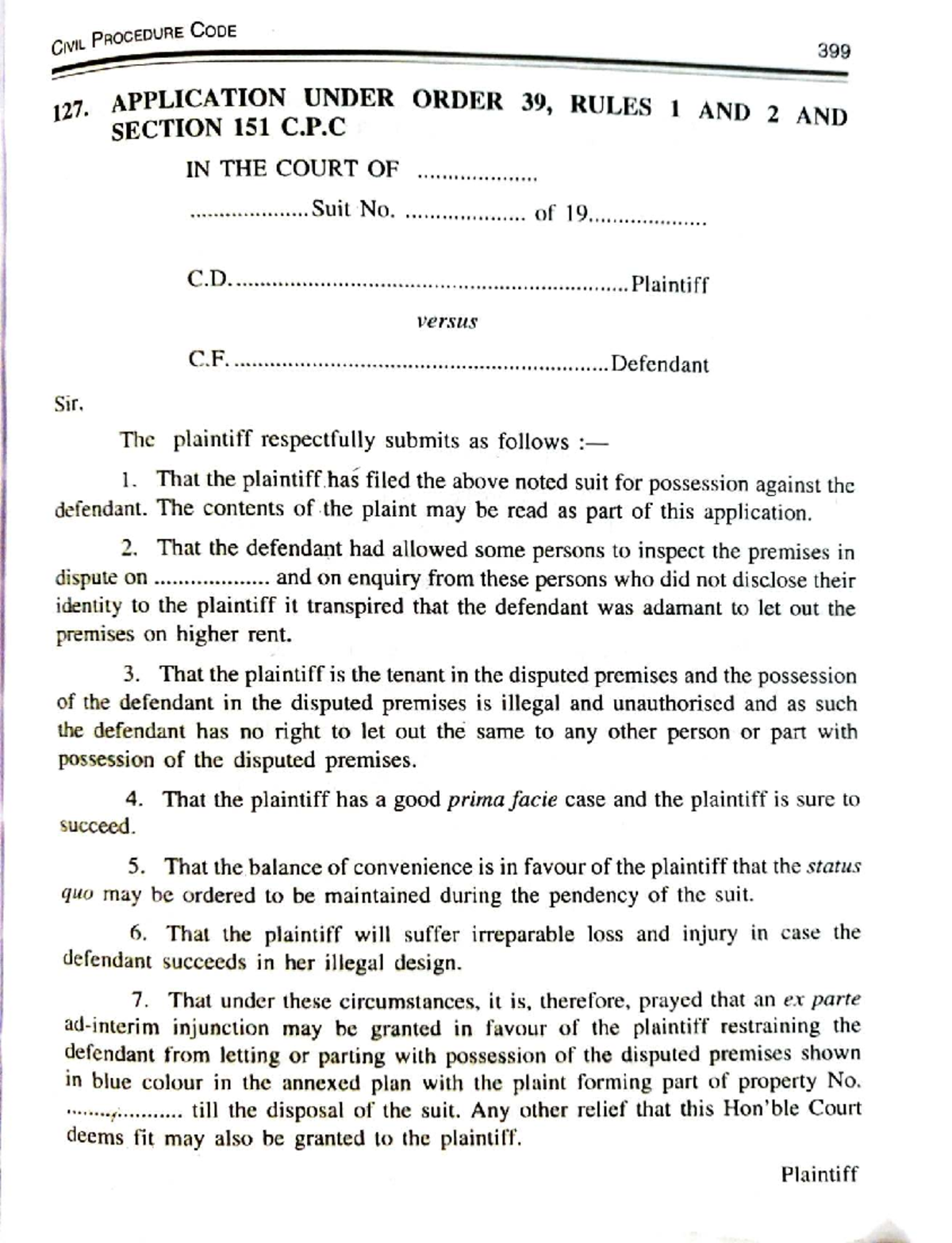 Interlocutory Injunction Application Under Order 39, Rules 1 & 2 C.P.C ...