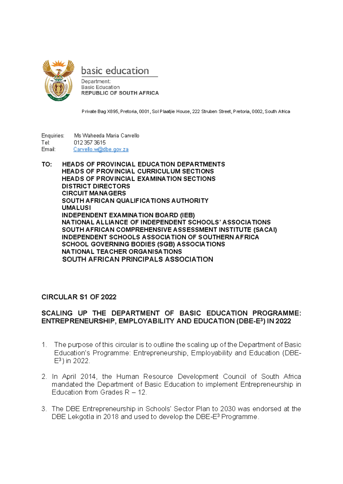 Circular S1 of 2022: Scaling Up DBE Programme on Entrepreneurship - Studocu