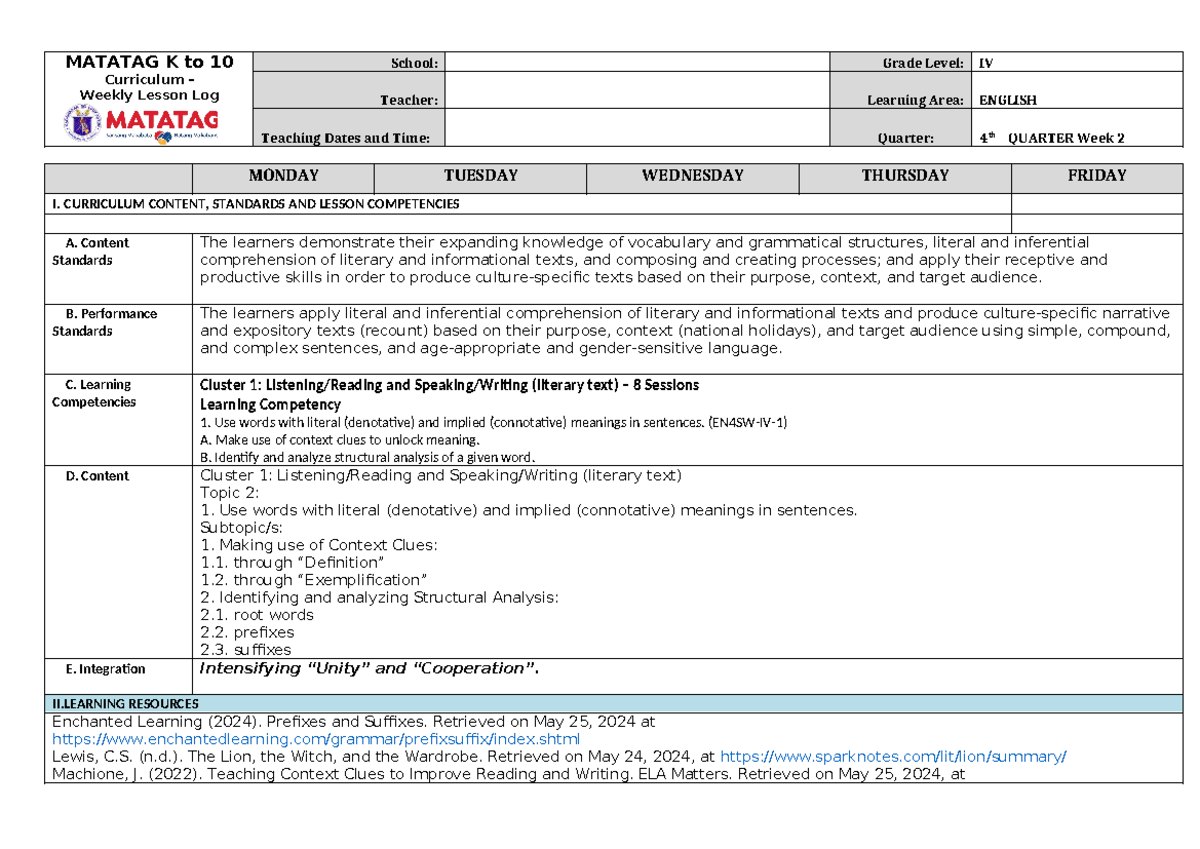 DLL English 4 Q4 W2 - Weekly Lesson Plan and Curriculum Guide - Studocu