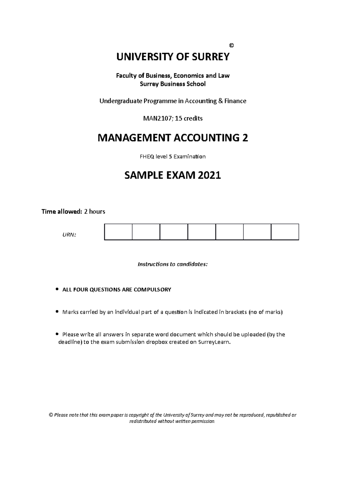 MAN2107 Management Accounting 2 Sample Exam 2021 Overview - Studocu