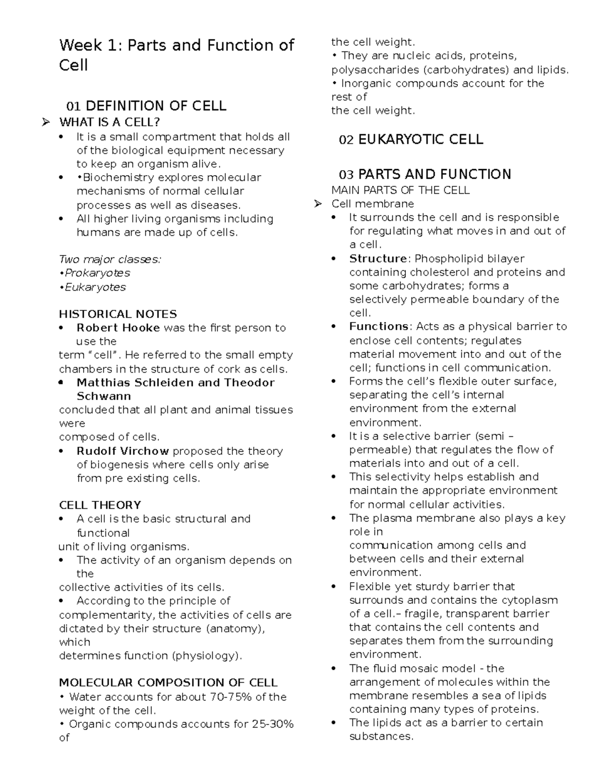 BIO 101 Week 1: Overview & Functions of Cells Review Notes - Studocu