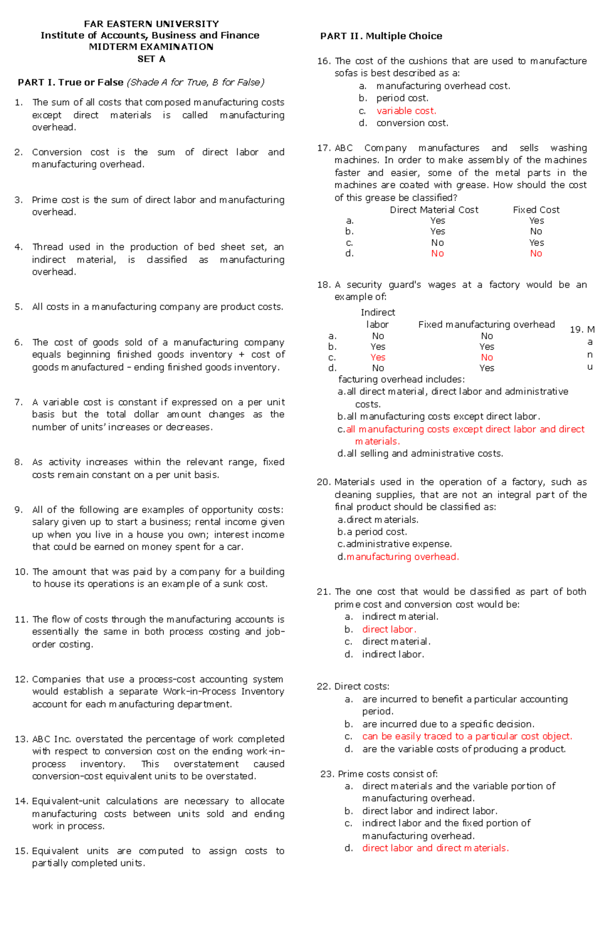 Cost Accounting MIDTERM EXAMINATION Set A Review and Practice - Studocu