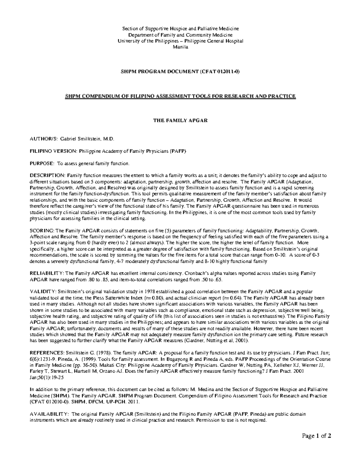 Family APGAR Assessment Tool: Overview and Filipino Version (CFAT ...