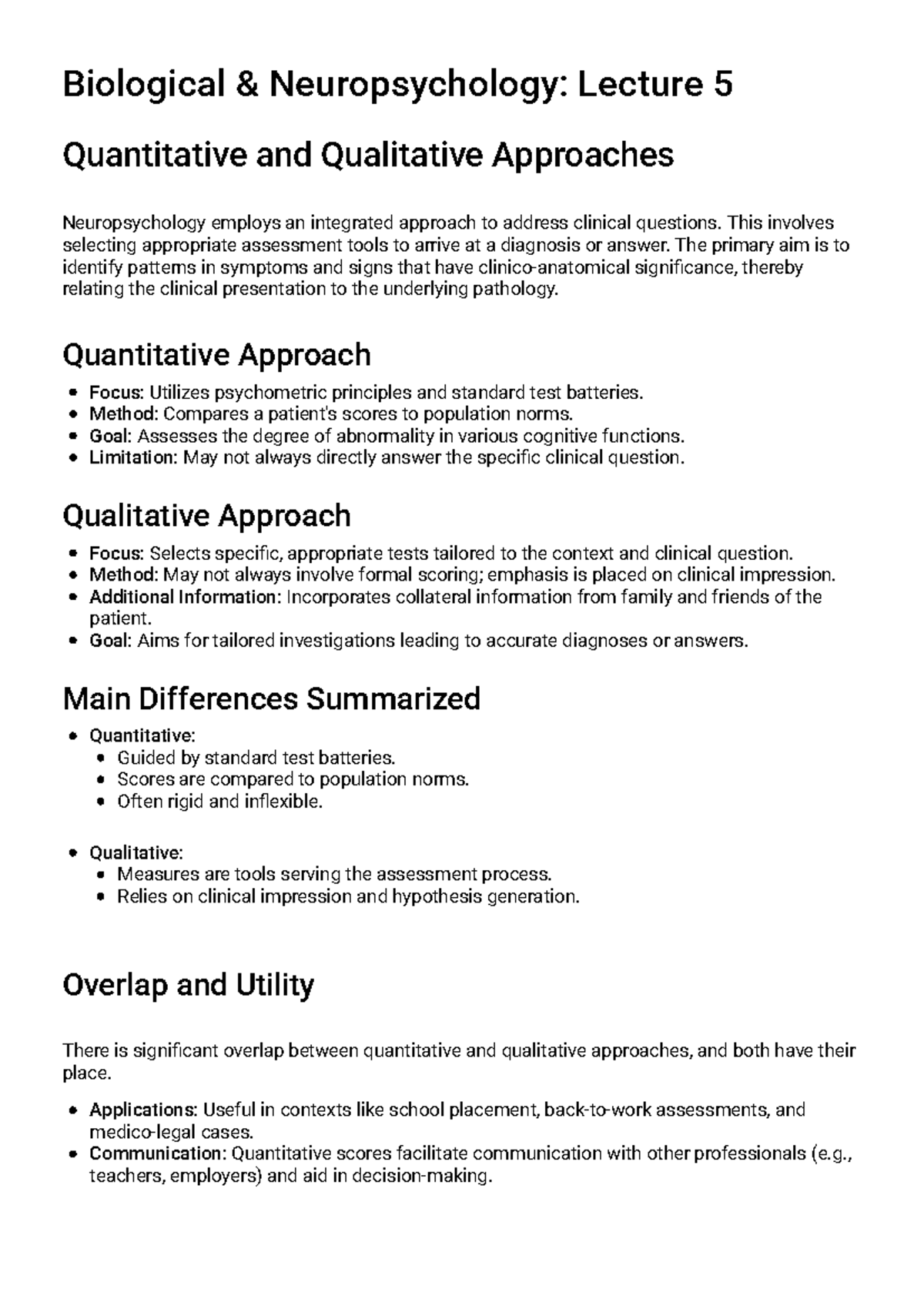 Biological & Neuropsychology: Lecture 5 - Quantitative and Qualitative ...