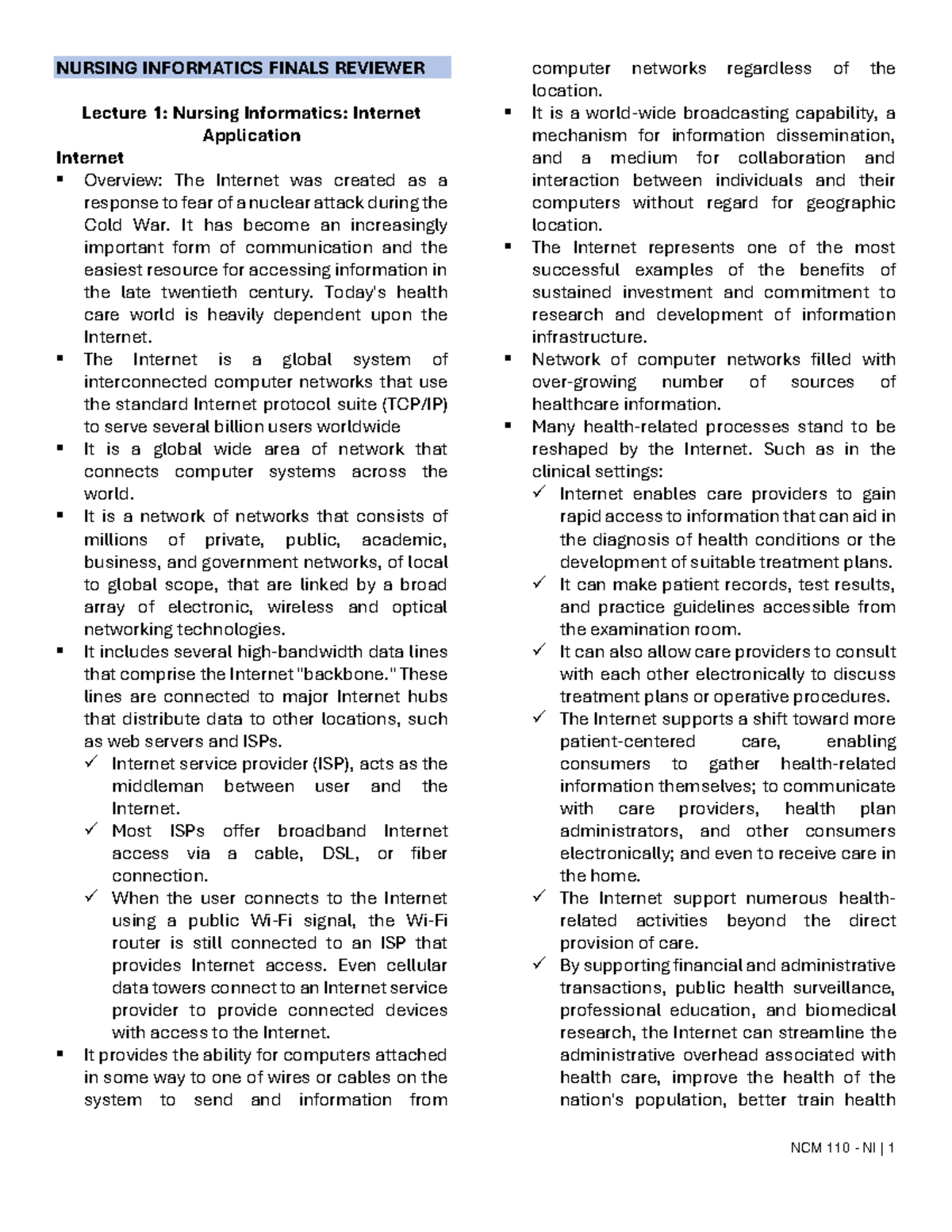 NURS 450 Nursing Informatics Finals Reviewer: Internet and Its Impact ...