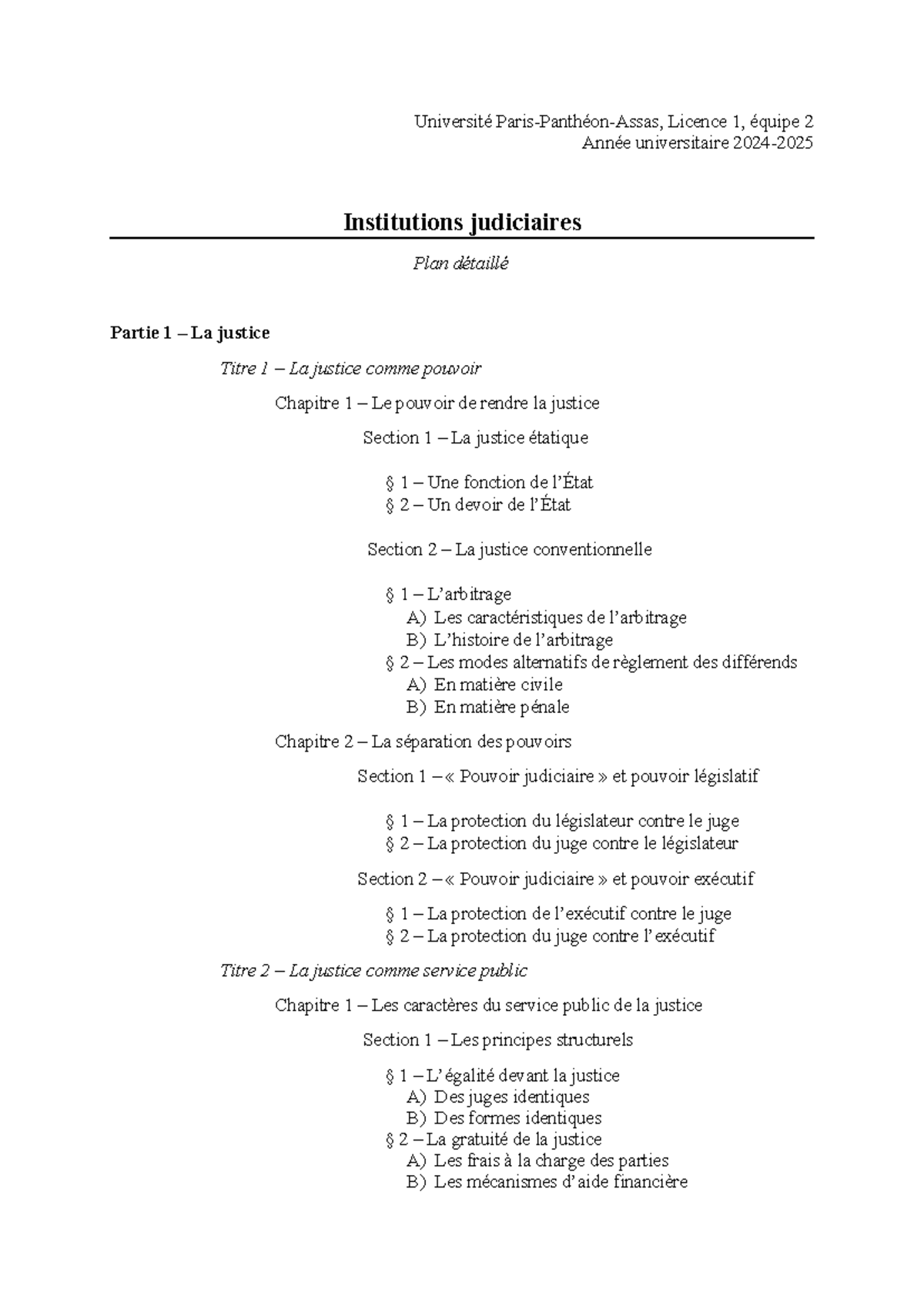 Institutions judiciaires - plan - 2024-2025 - Université Paris-Panthéon ...