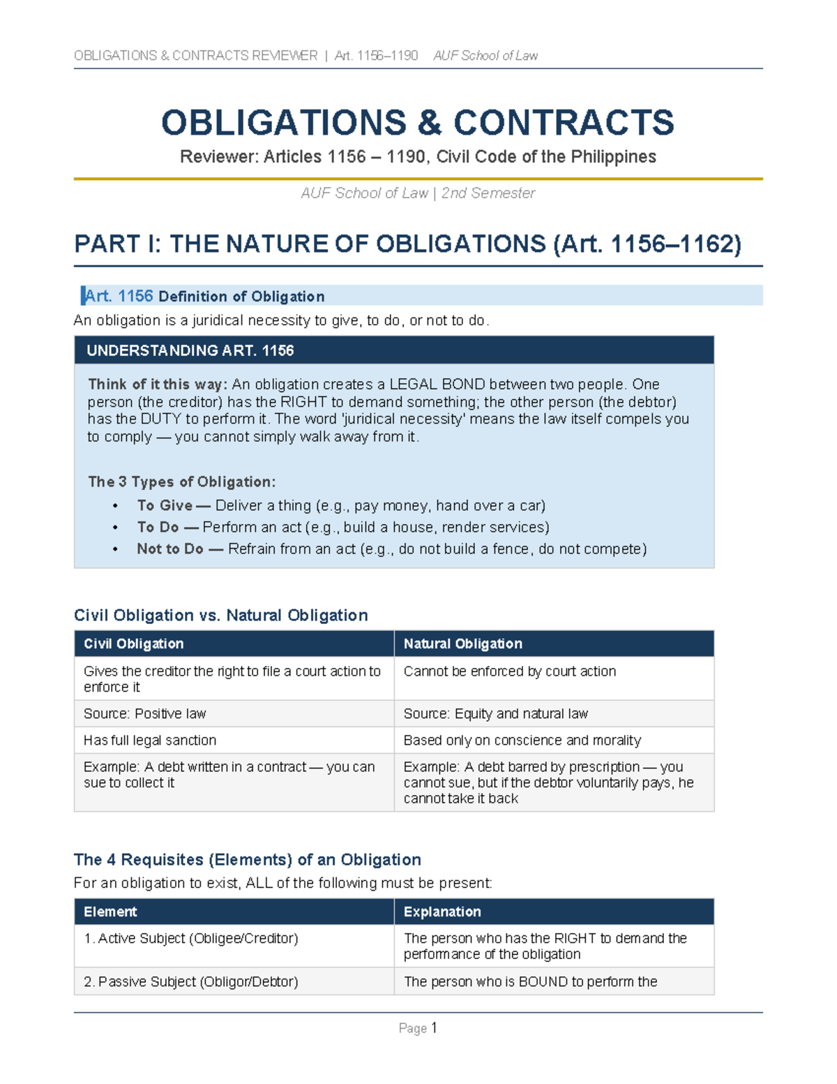 Obligations Contracts Reviewer: Articles 1156-1190, AUF School of Law ...