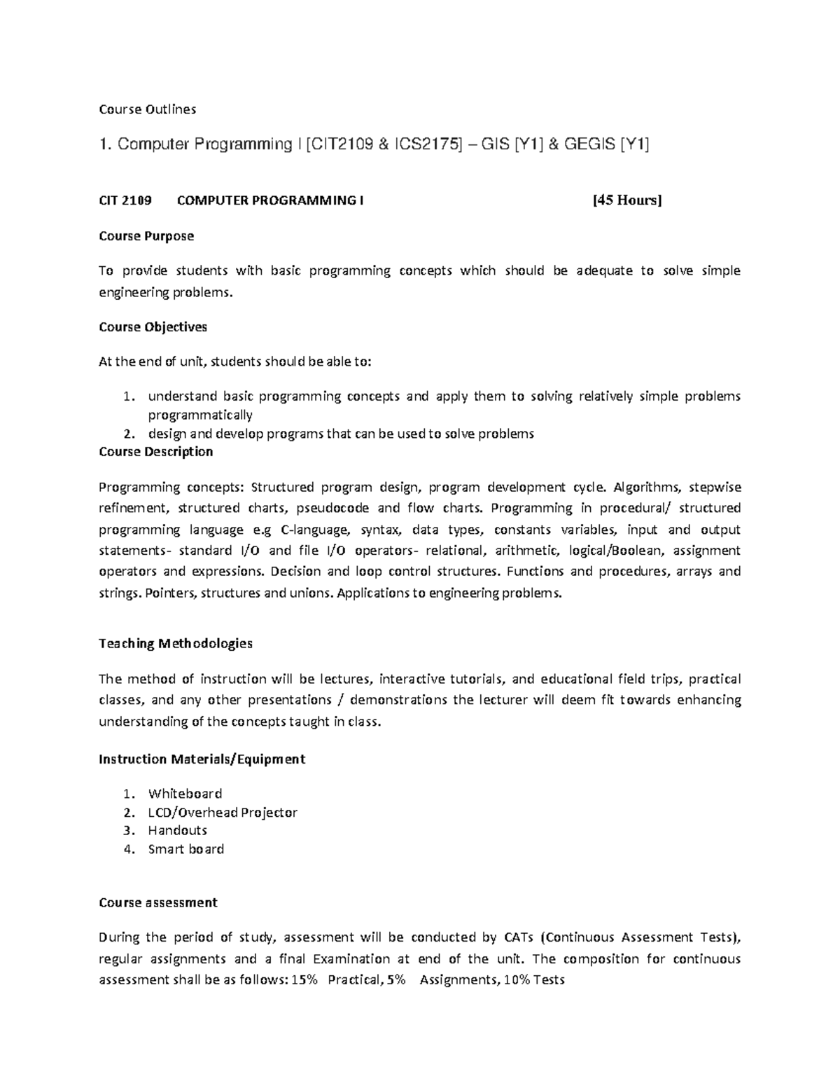 CIT 2109 & GEGIS: Computer Programming I Course Outline & Notes - Studocu