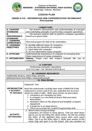 TLE 8 Lesson Plan: Understanding Computer Parts & Risk Assessment - Studocu