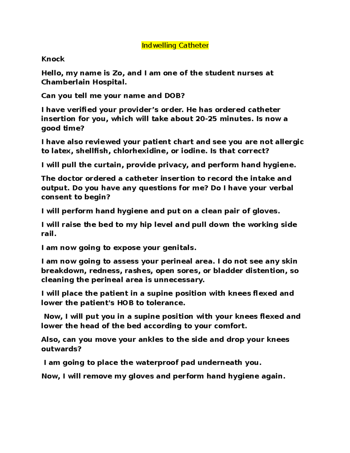 Indwelling Catheter Insertion Script for BP Students - Studocu