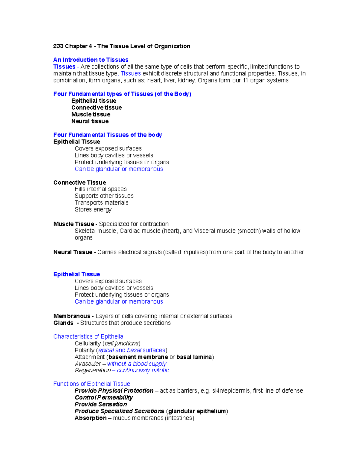 233 Ch4 Student Outline - 233 Chapter 4 - The Tissue Level of ...