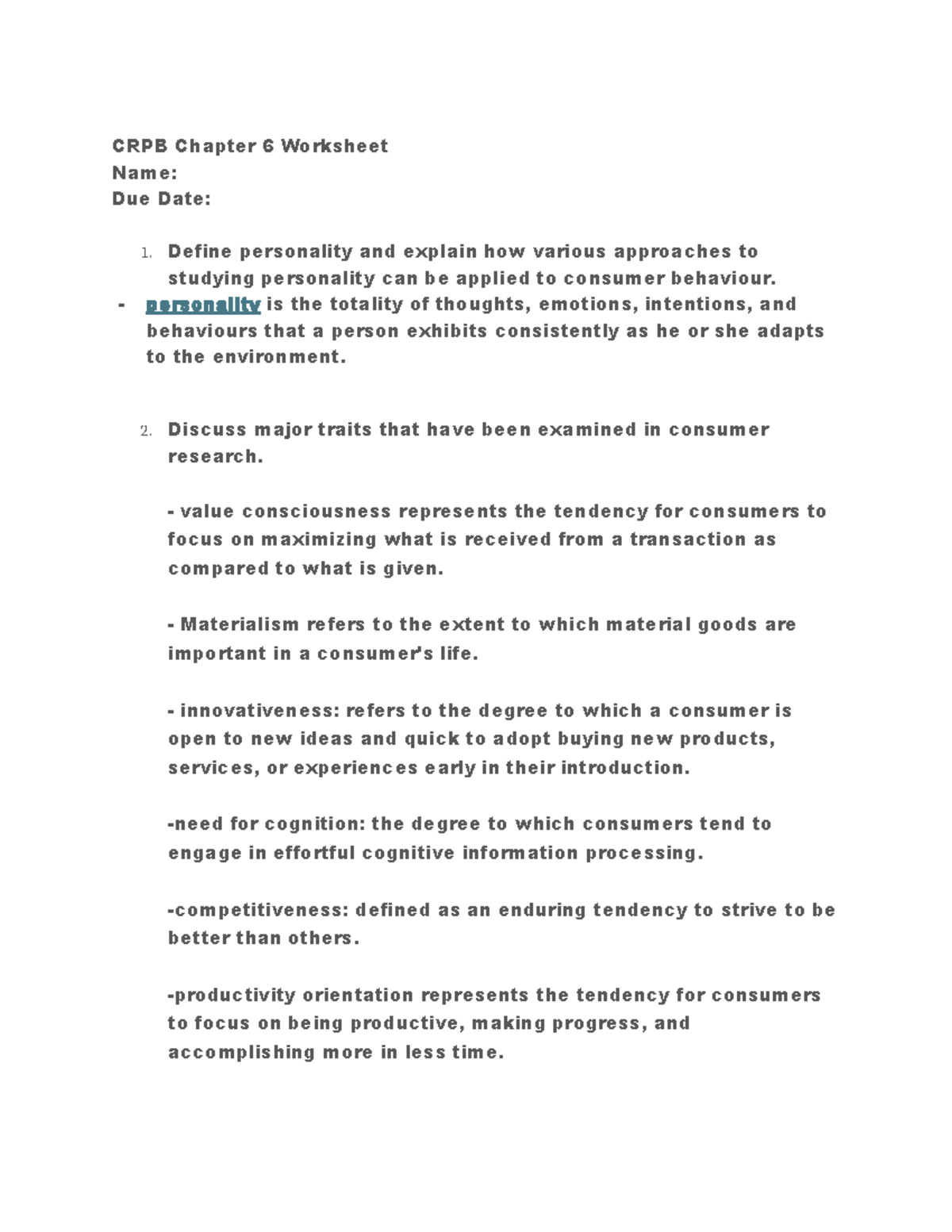 CRPB Chapter 6 Worksheet: Personality & Consumer Behavior Insights ...