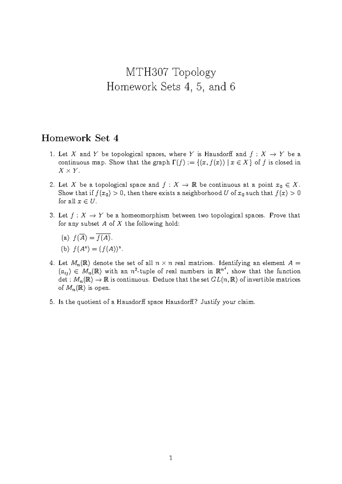 MTH307 Topology Homework Sets 4, 5, and 6 Solutions - Studocu