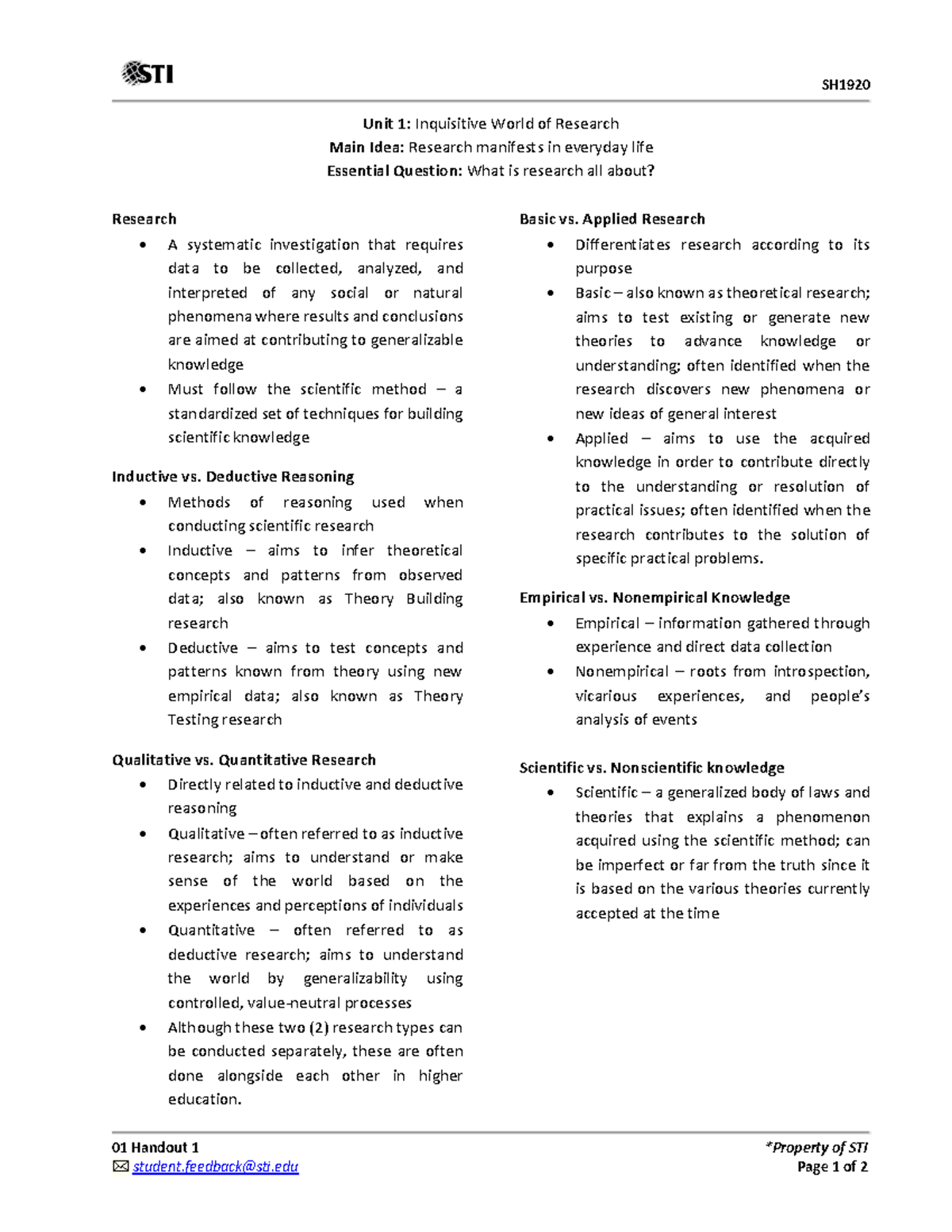 01 Handout 1 - Research - SH 01 Handout 1 *Property of STI student@sti ...