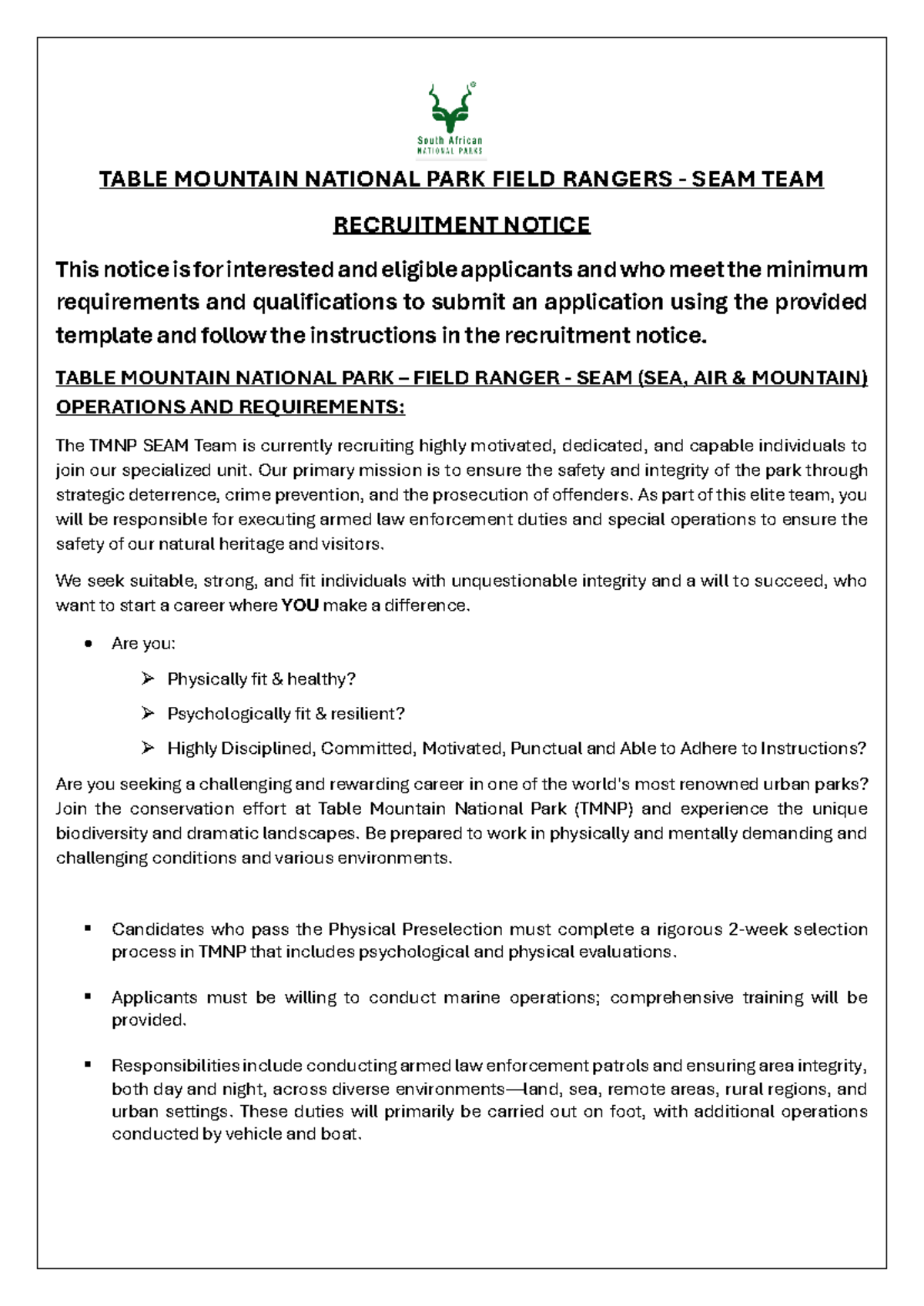 TMNP SEAM Team 2024 Field Ranger Recruitment Notice & Requirements ...