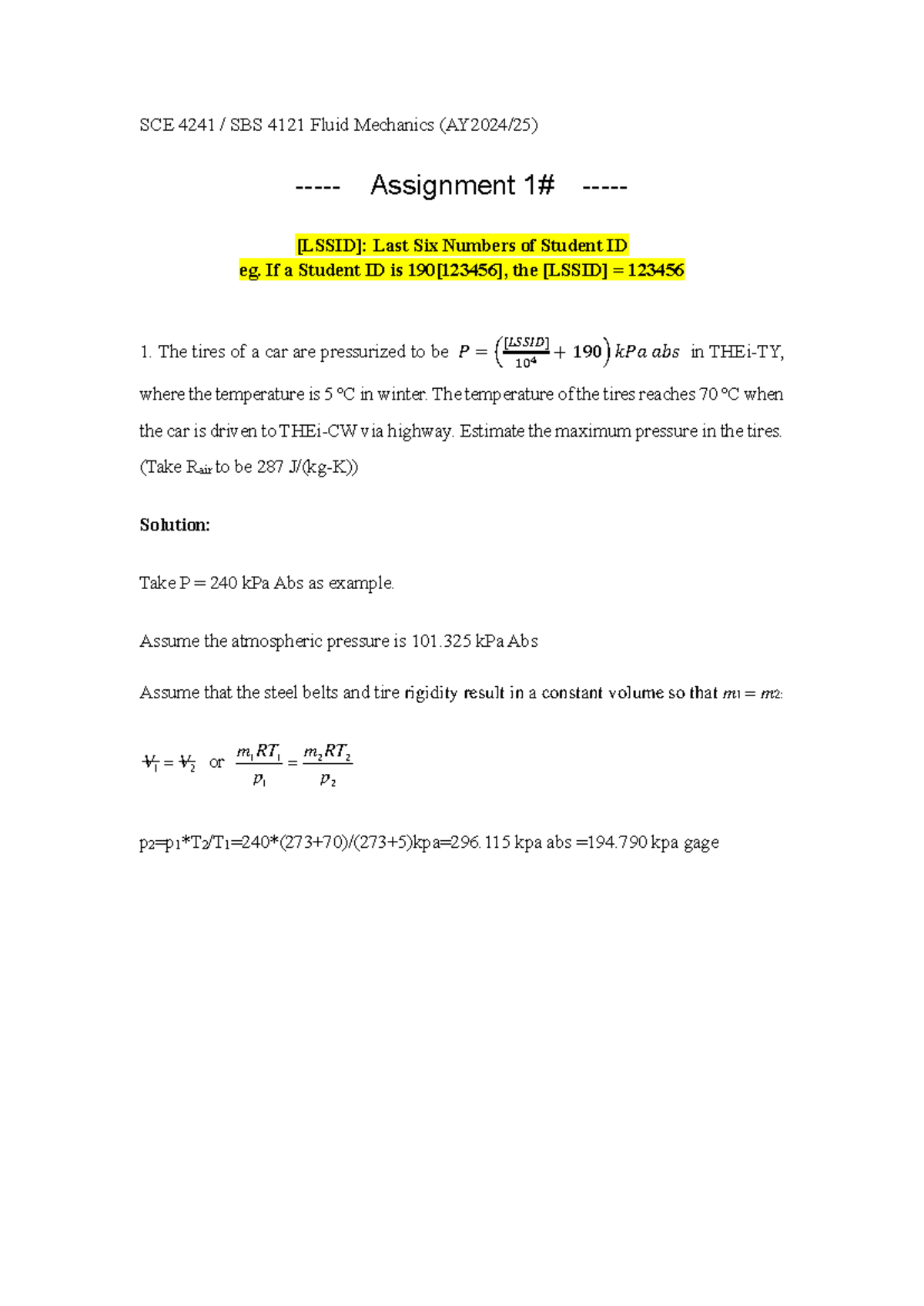 Assignment 1 Suggested Solutions - SCE 4241 / SBS 4121 Fluid Mechanics ...