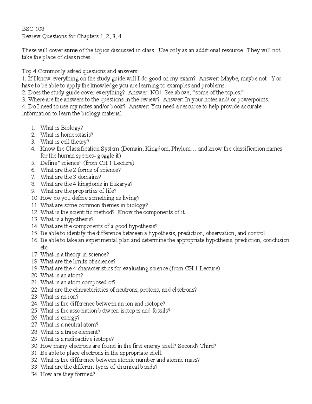 BSC 108: Review Questions for Biology Chapters 1-4 Exam Prep - Studocu