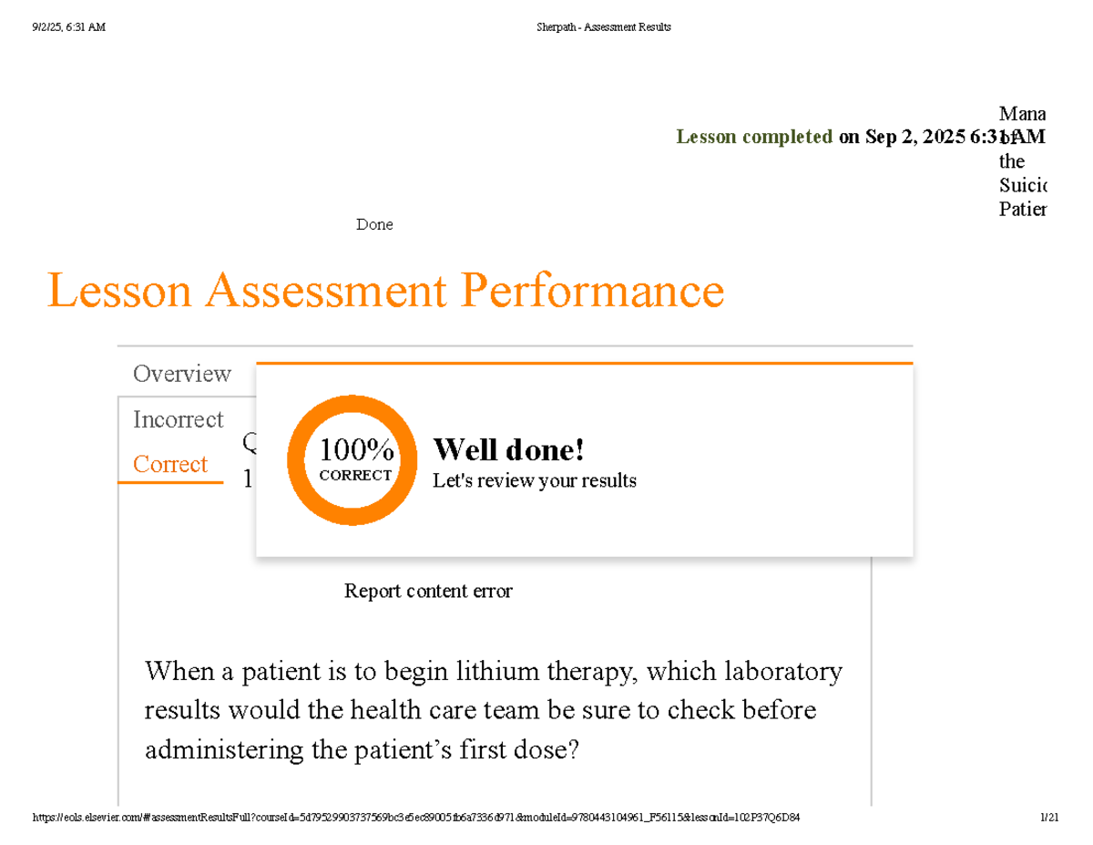 Sherpath Assessment Results: Suicidal Patient Lesson Overview - Studocu