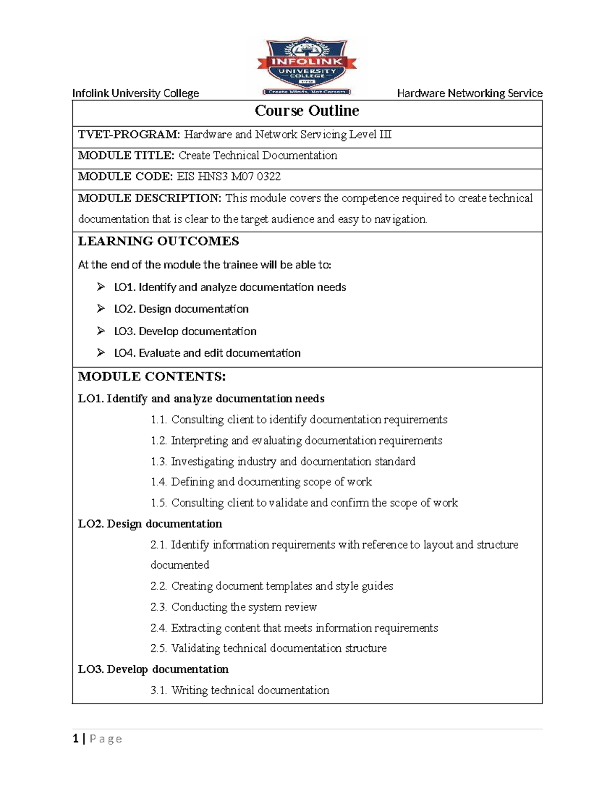 EIS HNS3 M07 0322: Course Outline for Technical Documentation Creation ...