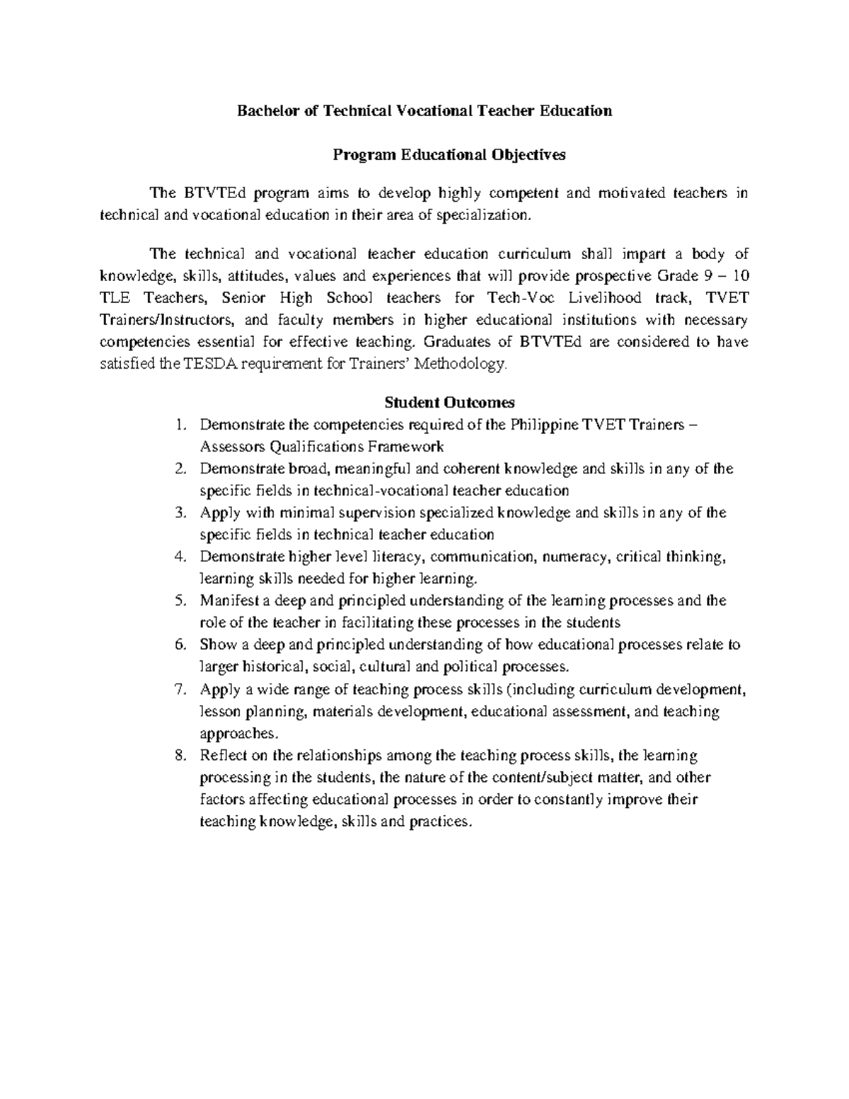 BTVTEd Program Educational Objectives and Student Outcomes - Studocu
