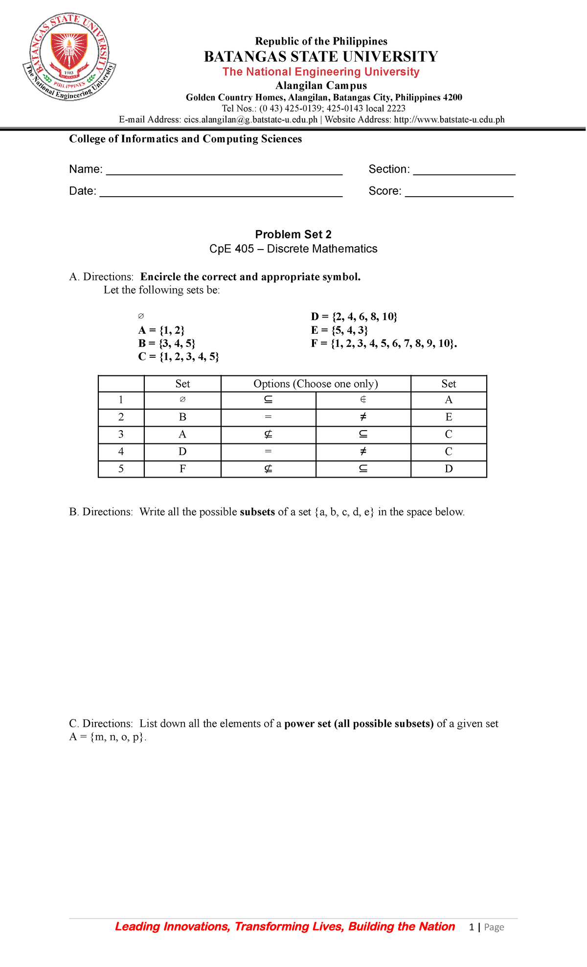 DM Problem Set 2 - Practice Materials for CpE 405 Discrete Mathematics ...