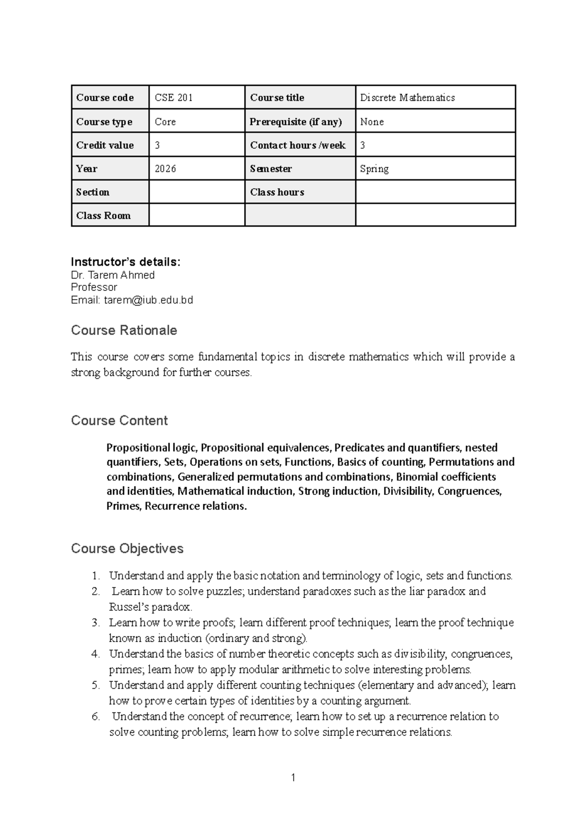 Course Outline for CSE 201: Discrete Mathematics (Spring 2026) - Studocu