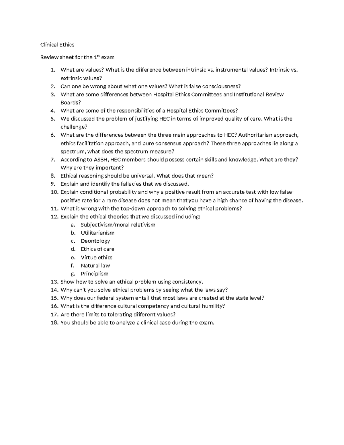 Clinical Ethics 1st Exam Review Sheet: Key Concepts & Theories - Studocu