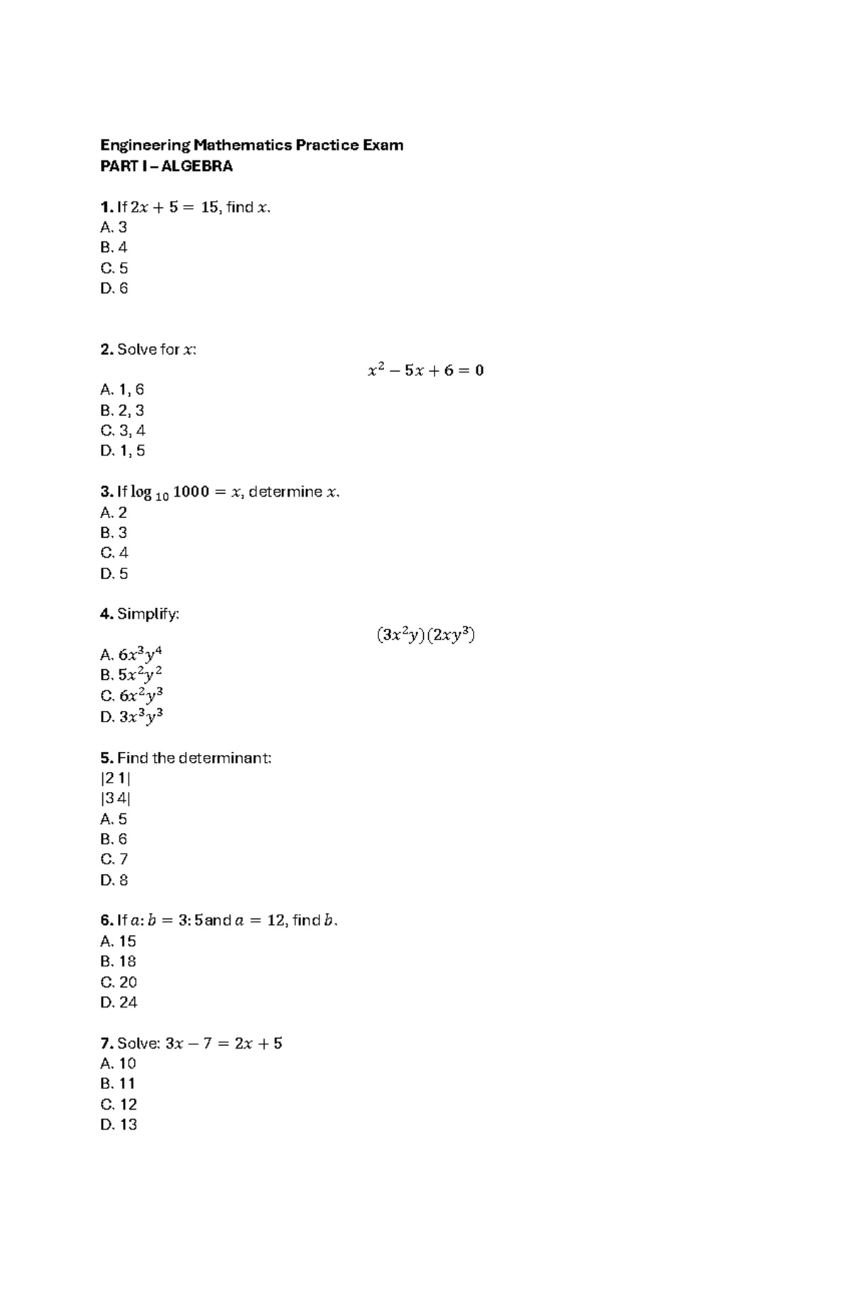 Engineering Mathematics Practice Exam: Algebra, Trig, Calc & Integrals ...