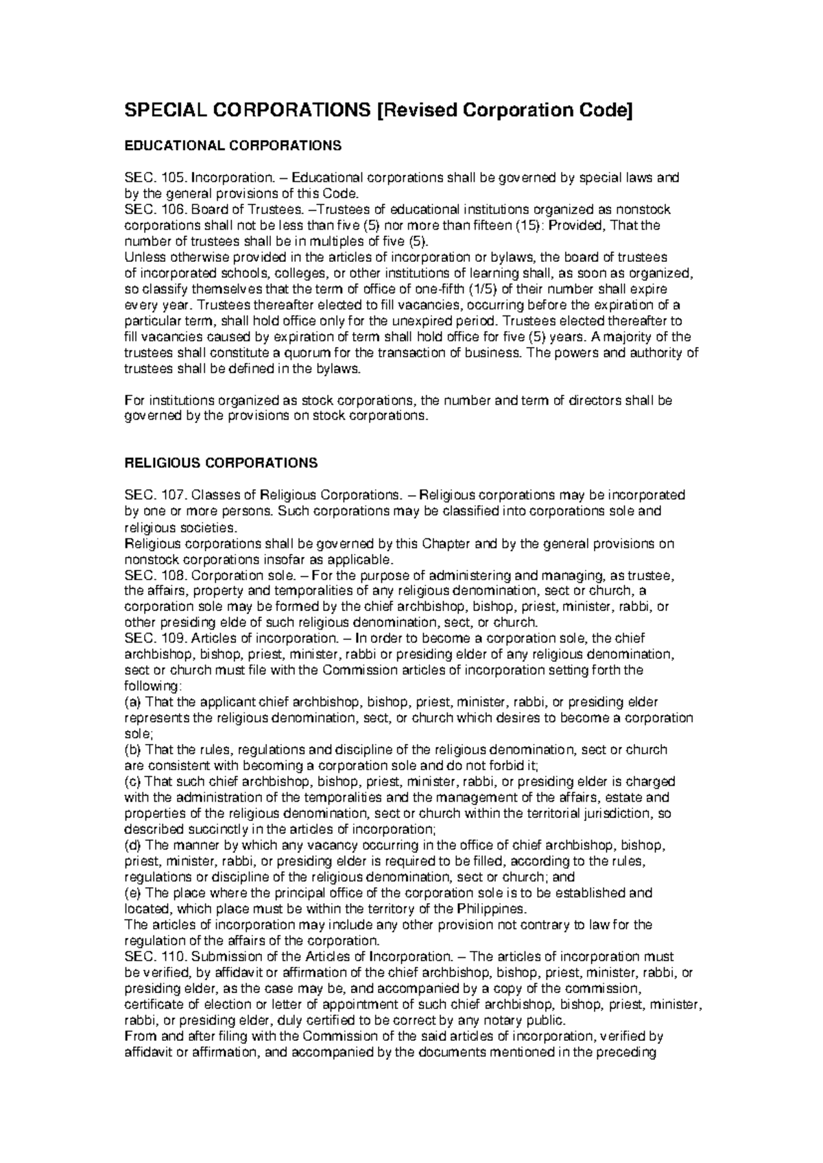 Special Corporations: Educational & Religious Entities Overview - Studocu
