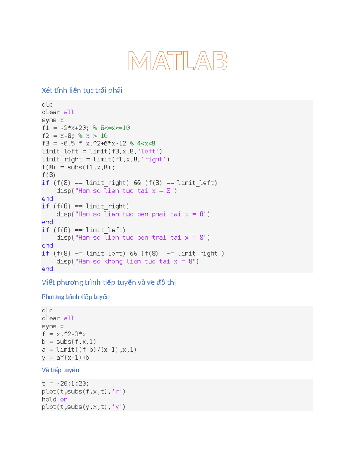 MATLAB Lesson: Continuity, Tangent Lines, and Integrals - Studocu
