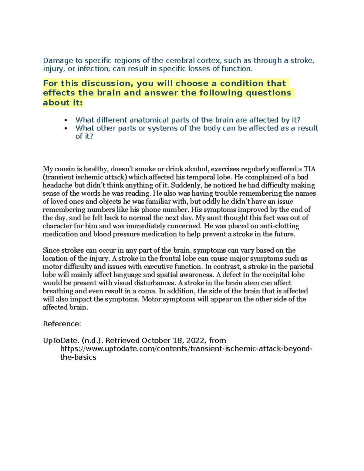 Anatomy Discussion Wk8 - Damage to specific regions of the cerebral ...