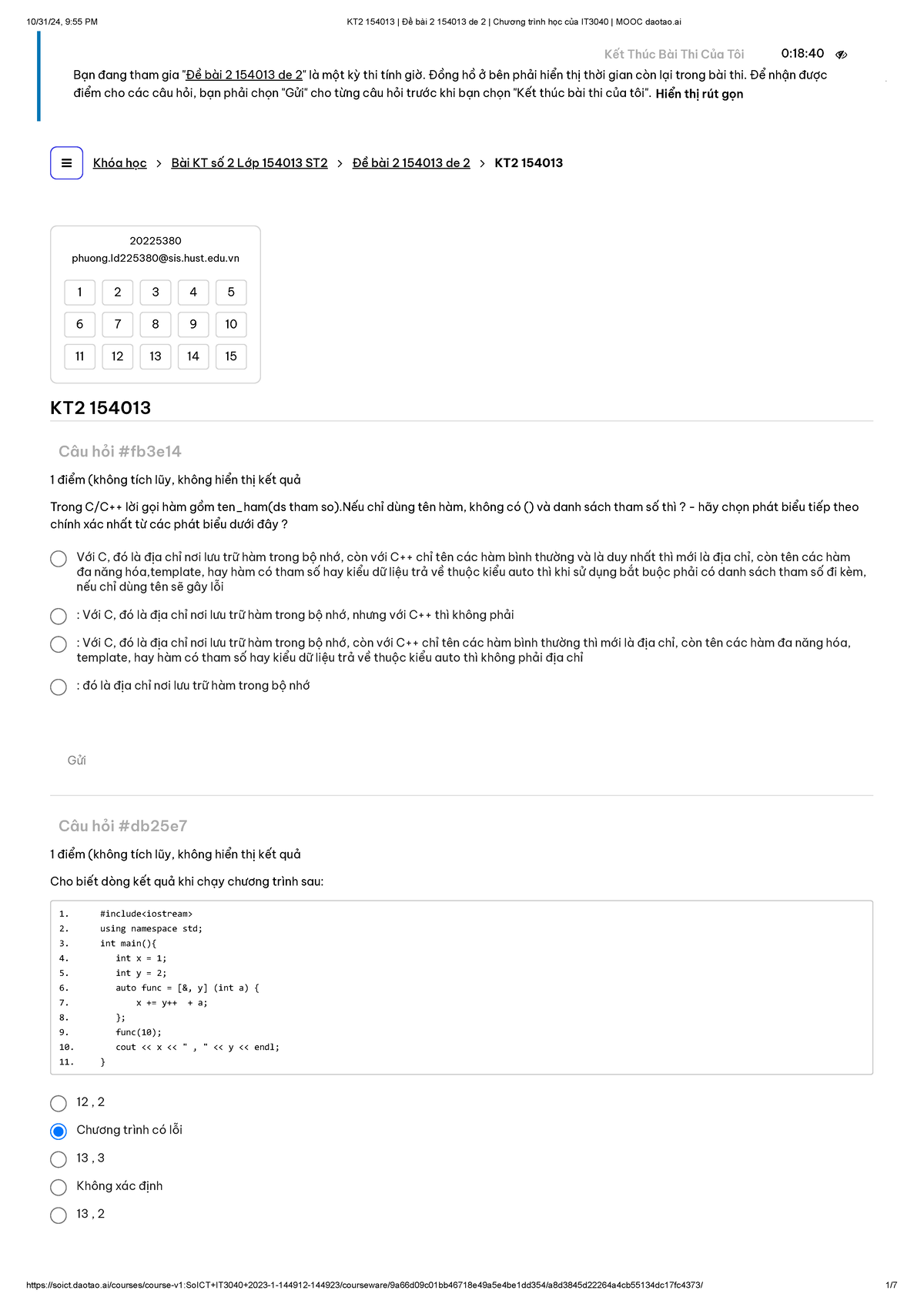KT2 154013 Kiểm tra bài số 2 - C/C++ và Kết quả Chương Trình - Document Preview